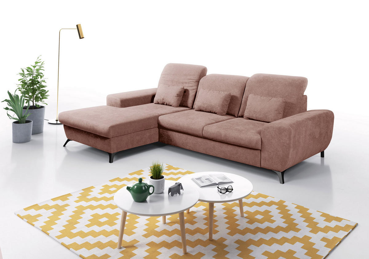 ECKSOFA LUCE L-S Rosa Plüsch-Stoff mit Schlaffunktion - Rosa, Holz (279/172cm) - MASSENO