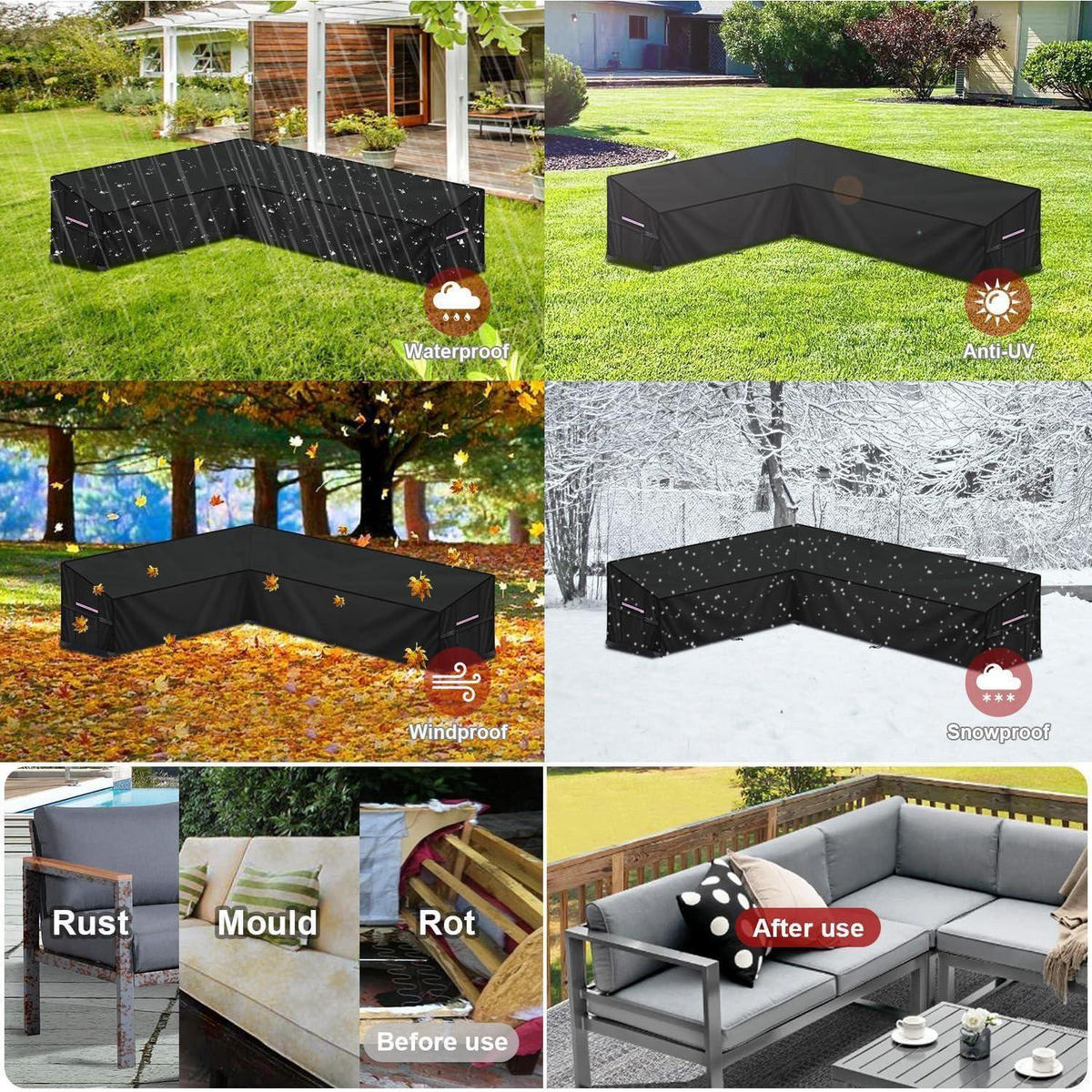 GARTENSOFA Abdeckung L-Form 210x260x87x80/60cm Wasserdicht - Schwarz, Kunststoff (1/1/1cm)
