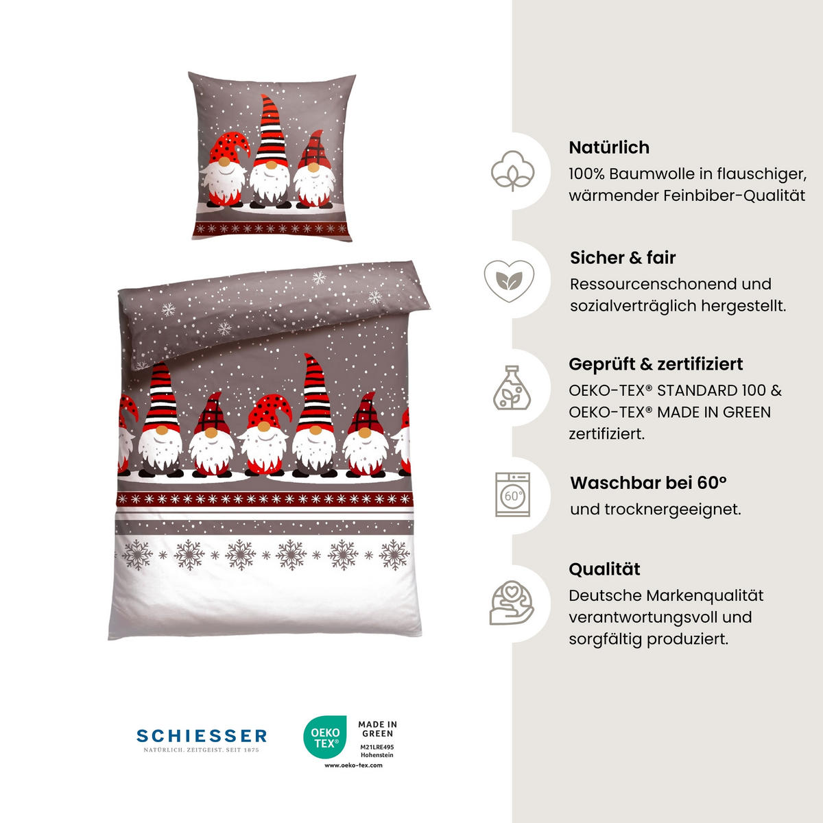 BETTWÄSCHESET Wichtel - Feinbiber - 2-teilig - 155 x 220 cm - Grau - Grau, Textil (155/220cm) - SCHIESSER