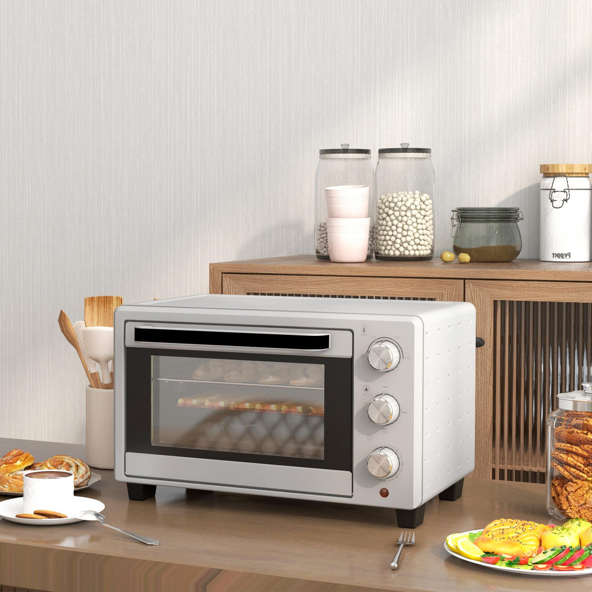 MINIBACKOFEN 21L 1400W Mini Ofen mit 3 Kochmodi, Backblech & Grillrost, Temperatur 100-230°C, Edelstahl, Silber - Silberfarben, Metall (46/29/38.5cm) - Beaface