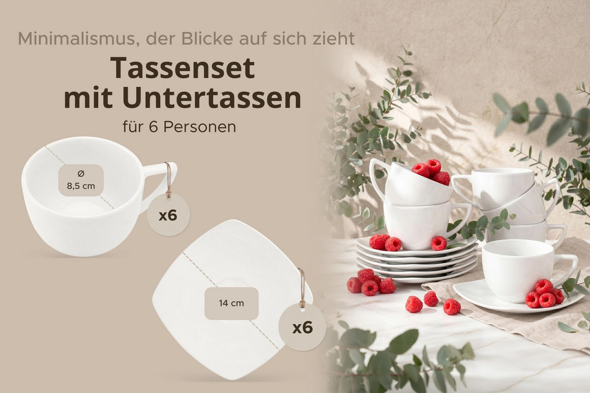 KAFFEETASSENSET CARLINA 12-tlg - Weiß, Keramik (14/2/14cm) - KONSIMO®