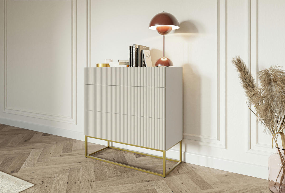 KOMMODE Veldio Greige mit 3 Schubladen 90 cm - Taupe/Goldfarben, Holzwerkstoff/Metall (90/90/38cm) - Selsey