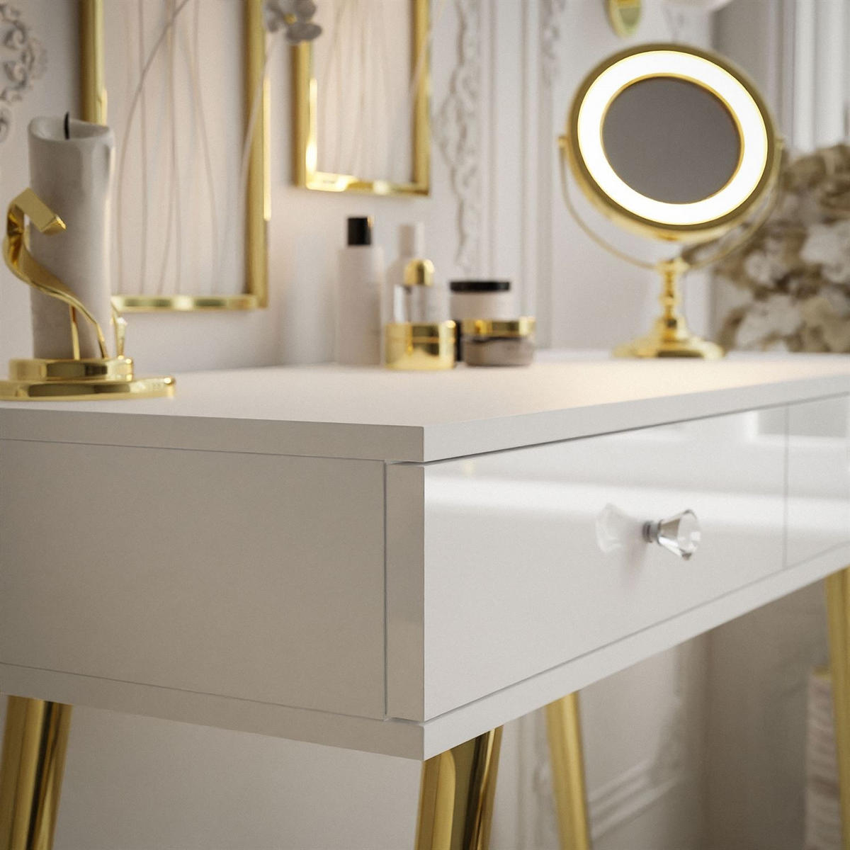 KONSOLE SIENNA GOLD mit Schubladen auf goldenen Beinen - Weiß Hochglanz/Goldfarben, Holzwerkstoff (100/81/42cm)