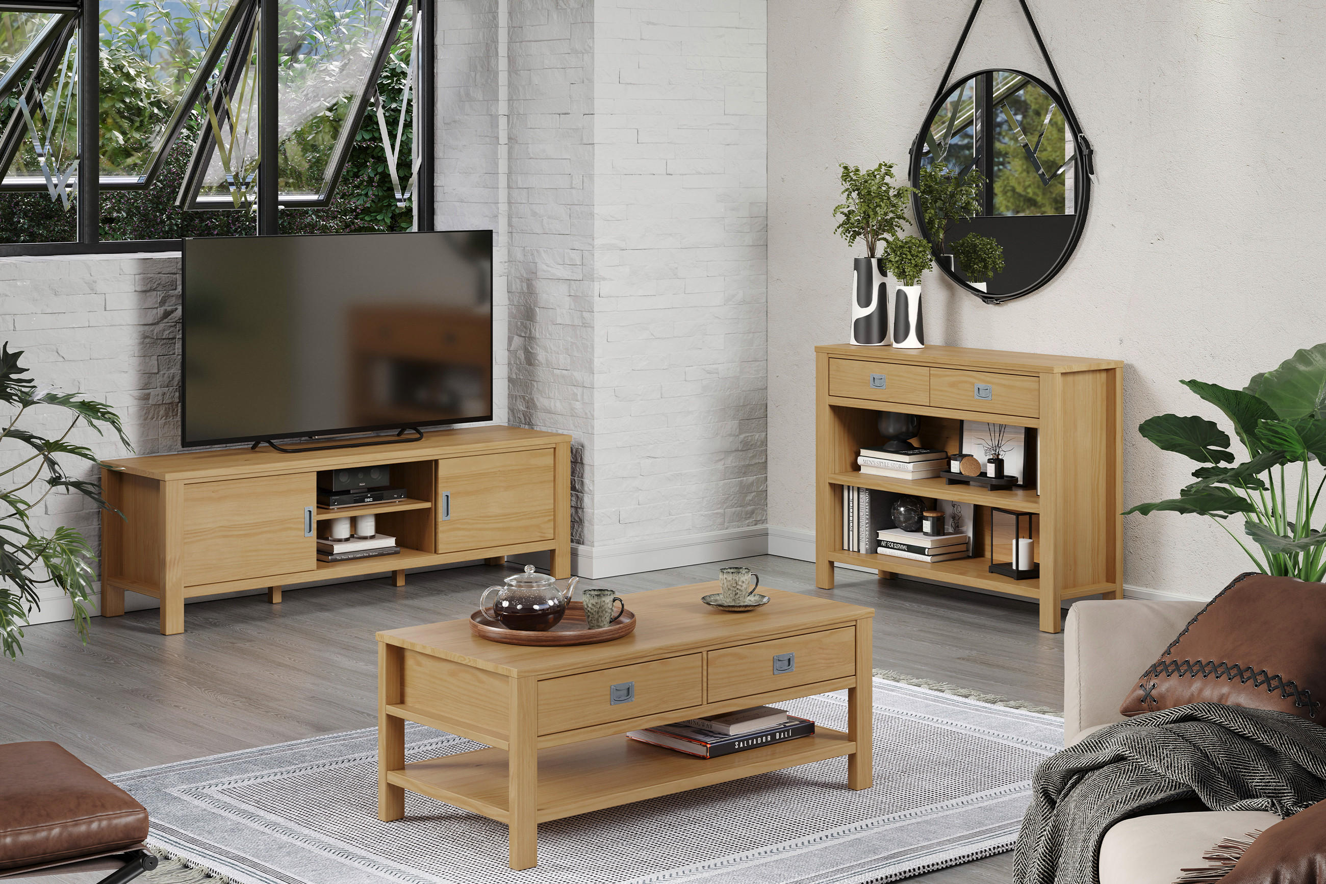Kellerraum mit Couch und Wohnzimmer und Sideboards