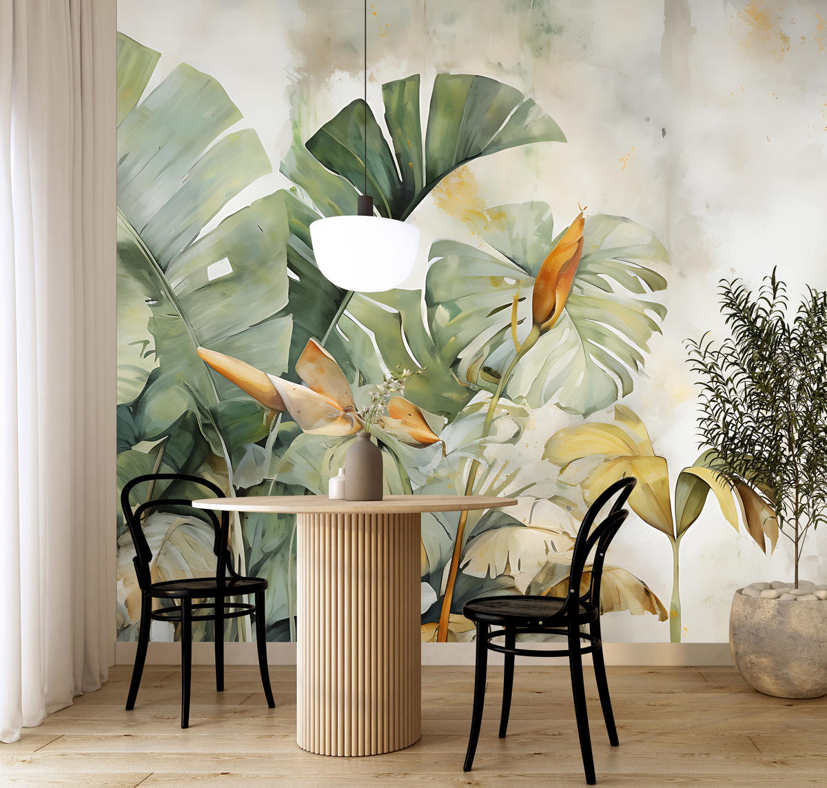 FOTOTAPETE für Wohnzimmer Exotische Blätter Abstrakt Pastell 300x210 - Gelb/Beige, Papier (300/210cm) - Muralo