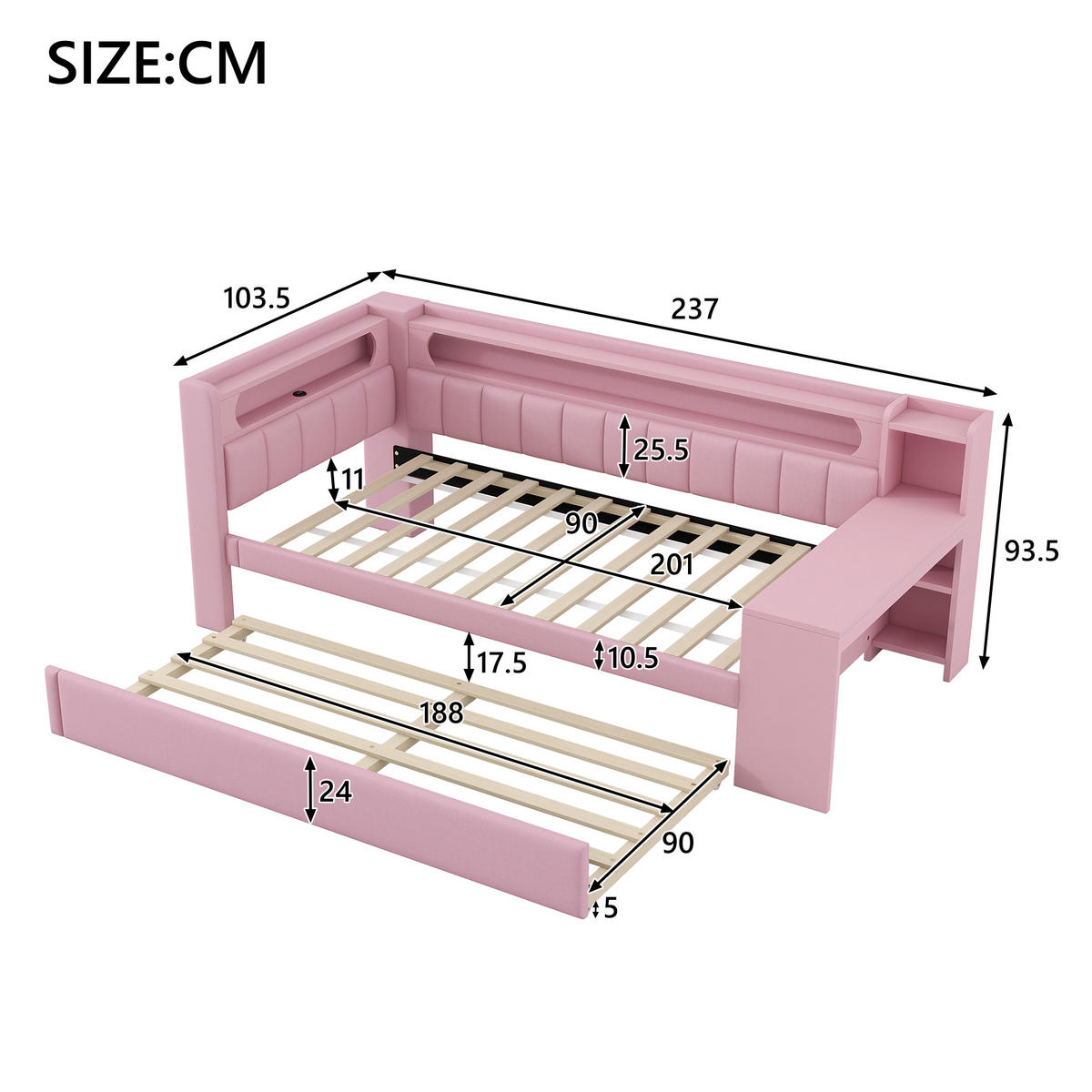AUSZIEHBETT 90/200 cm DE-03383, mit LED, Ausziehbett und Schreibtisch, in Rosa - Pink, Holzwerkstoff (90/200cm) - ComfortXL