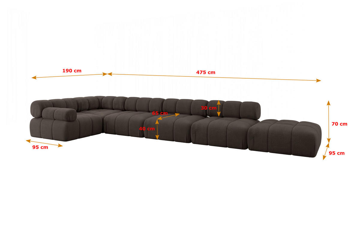 ECKSOFA modulares Sofa Felto-L3 - 475x190x70 cm Braun Velours - Braun, Holzwerkstoff/Textil (475/190cm) - ALTDECOR