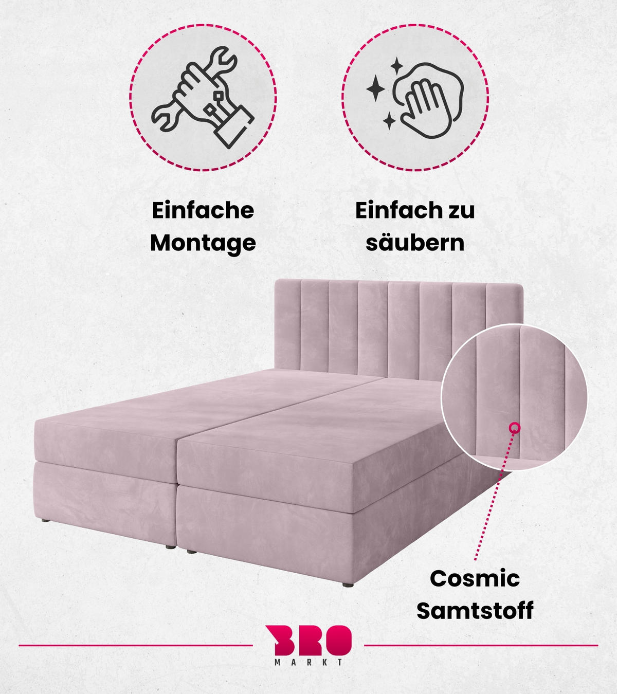 BOXBETT Denver mit Topper 180/200 Rosa - Rosa, Holzwerkstoff/Textil (180/200cm) - Bromarkt