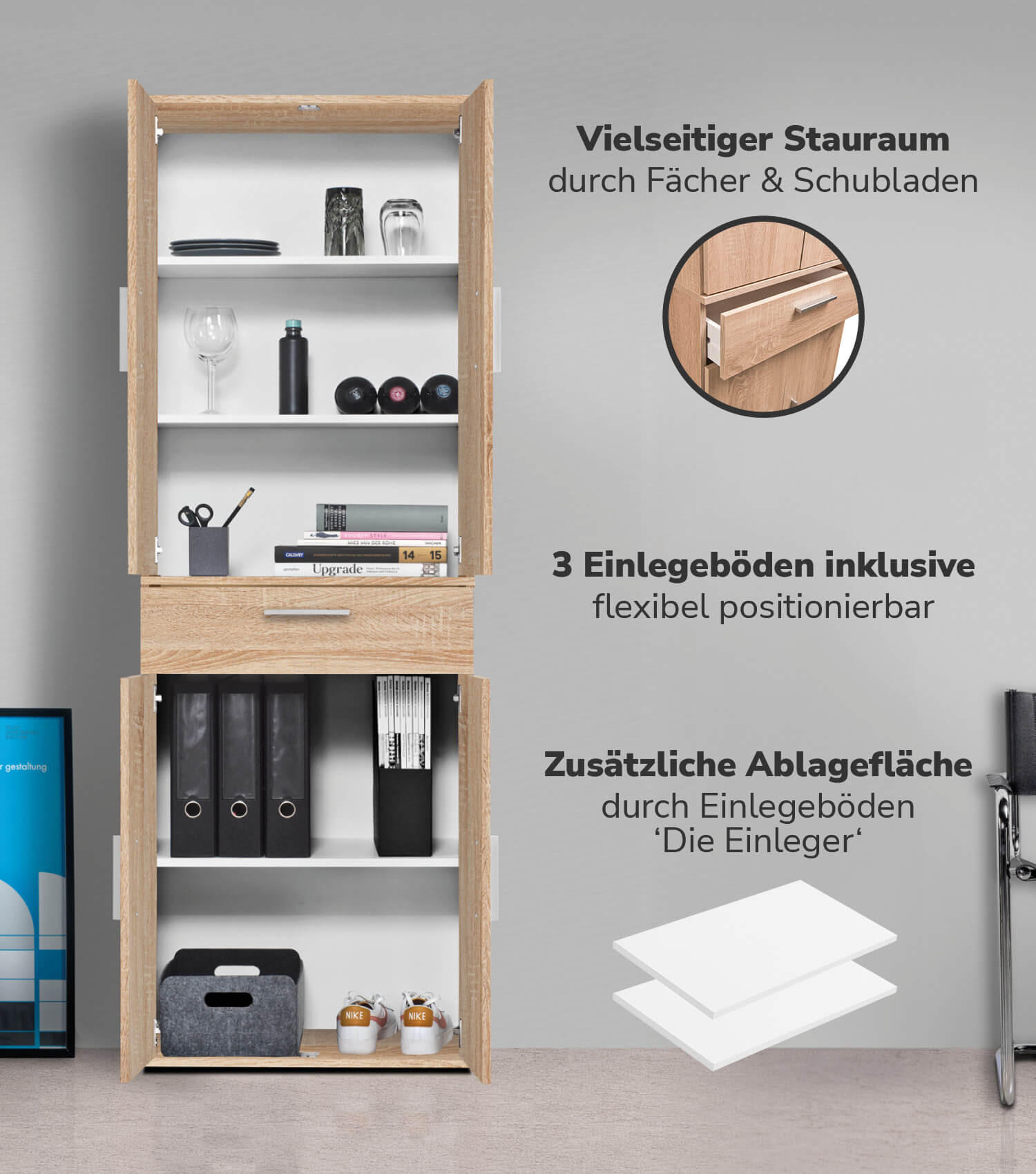 MEHRZWECKSCHRANK Der Praktische - Weiß/Sonoma Eiche, Holzwerkstoff (60/180/34cm) - Mokebo