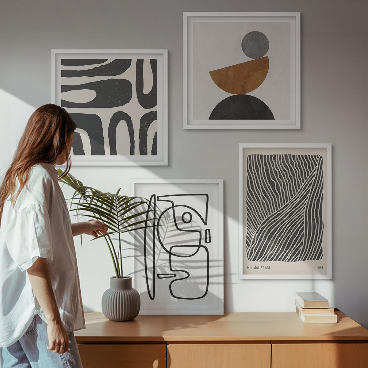 WANDBILDER 4er-Set - 50x50 cm & 40x60 cm Weißer Rahmen - Abstrakte Muster mit Linien - Weiß, Kunststoff (50/50cm) - ArtPrintCave