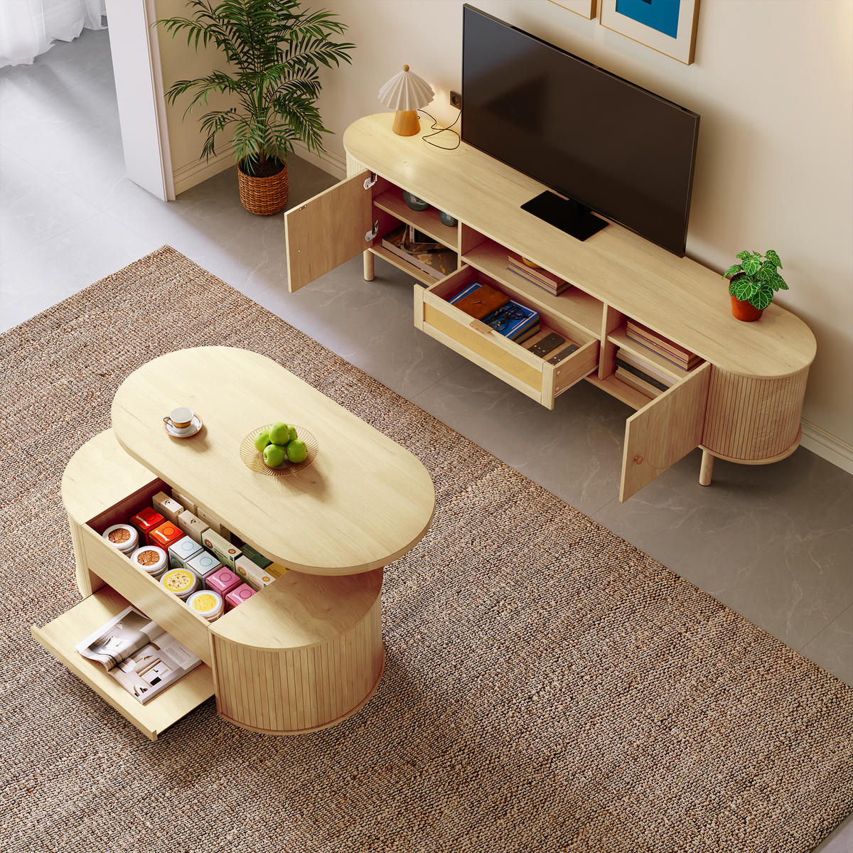 WOHNZIMMERSET Couchtisch TV-SCHRANK - Naturfarben, Holzwerkstoff (175/51/36cm)