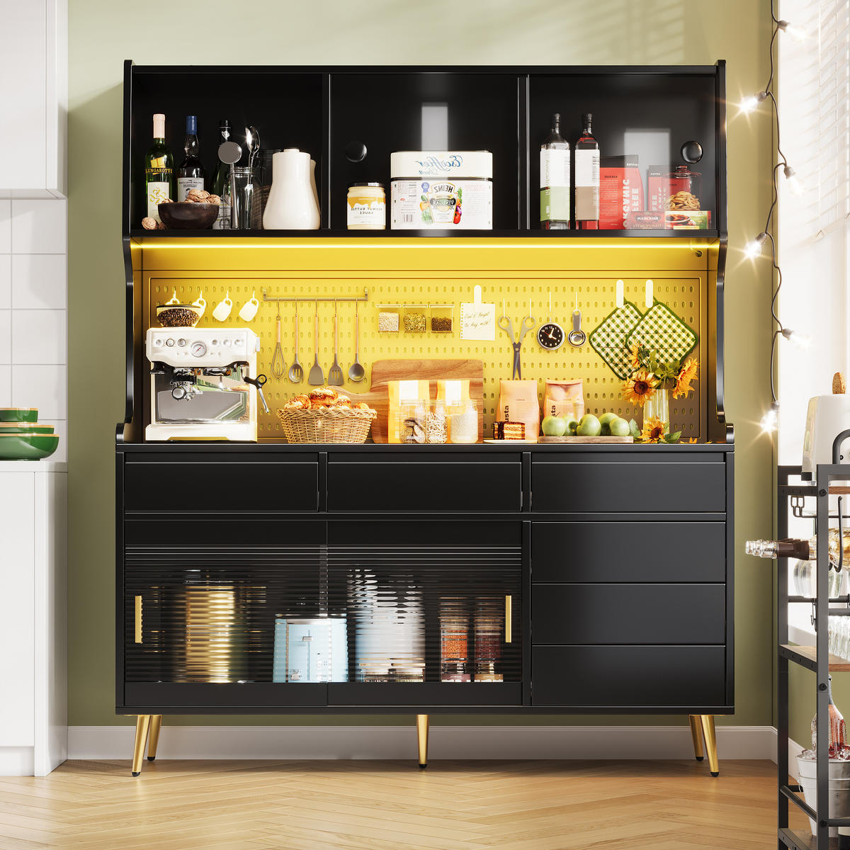 GESCHIRRSCHRANK aus MDF & Glas 145x39x171cm in Schwarz mit LED-App - Schwarz, Holzwerkstoff (145/171/39cm) - Modfu