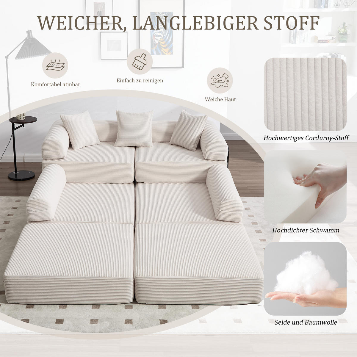 SCHLAFSOFA 270/180/64 cm Beige mit Integrierte Seitentaschen - Beige, Textil (270/64/180cm) - Oxeza
