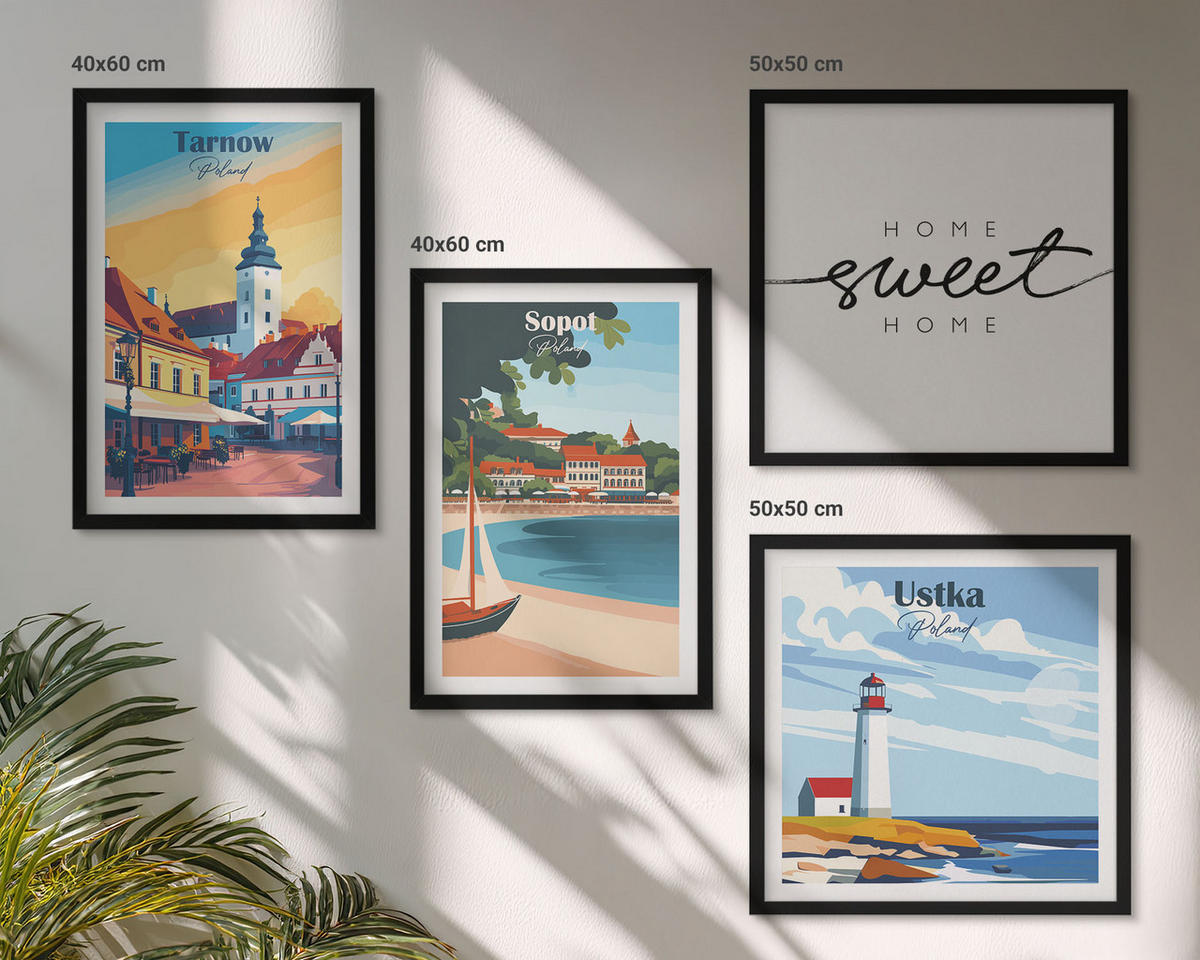 BILDER SET 4er Set - 50x50 cm & 40x60 cm Schwarzer Rahmen - Polnische Städte Ustka Tarnów Sopot - Schwarz, Kunststoff (50/50cm) - TULUP