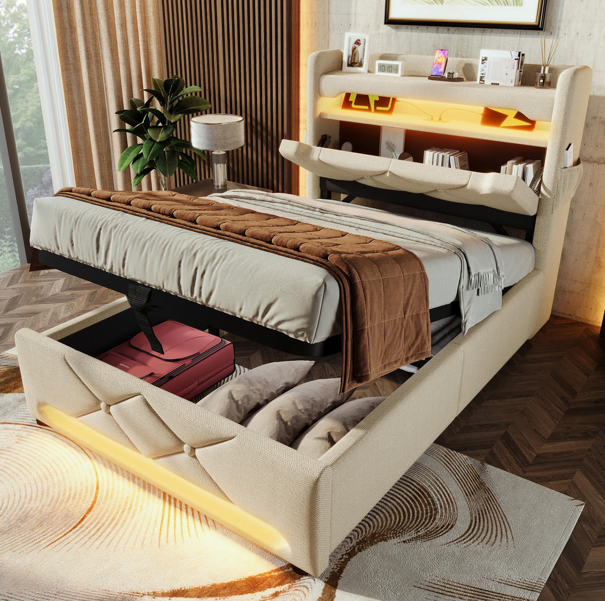 POLSTERBETT 90/200 cm mit Bettkasten, 360° LED & USB/Type-C im Kopfteil, Beige - Beige, Textil (90/200cm) - Redom