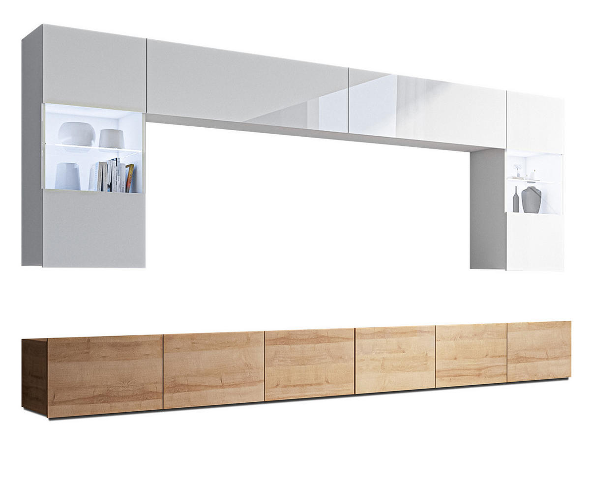 WOHNWAND Kossana 1 Modern Weiß, Goldene Eiche 300/154/43 cm Stilvoll - Hellbraun/Weiß, Holzwerkstoff/Kunststoff (300/154/43cm) - AX Living