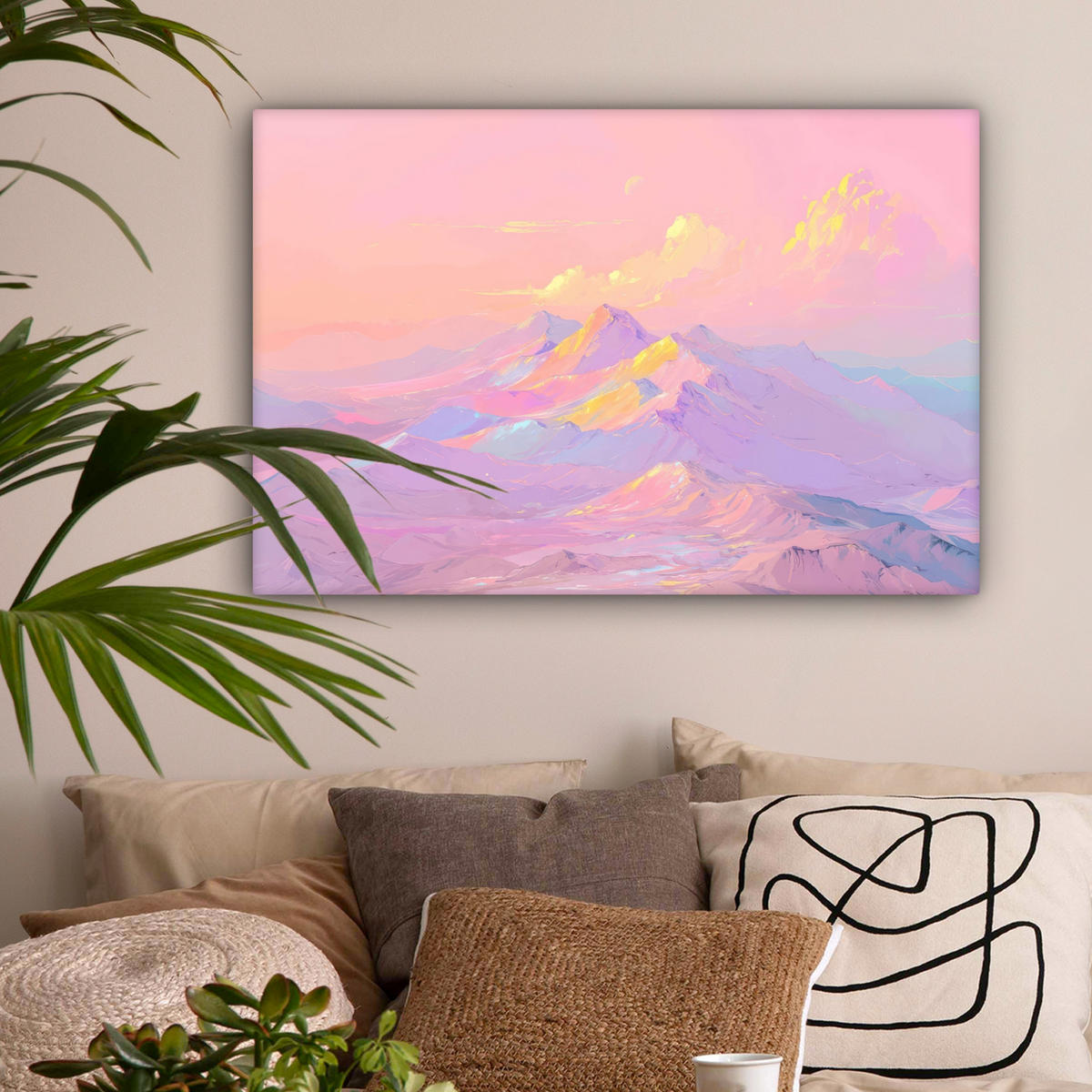 LEINWANDBILD Berggipfel - Wolken - Verträumt Wanddeko 90x60 cm - Hellrosa, Textil (90/60cm) - MuchoWow