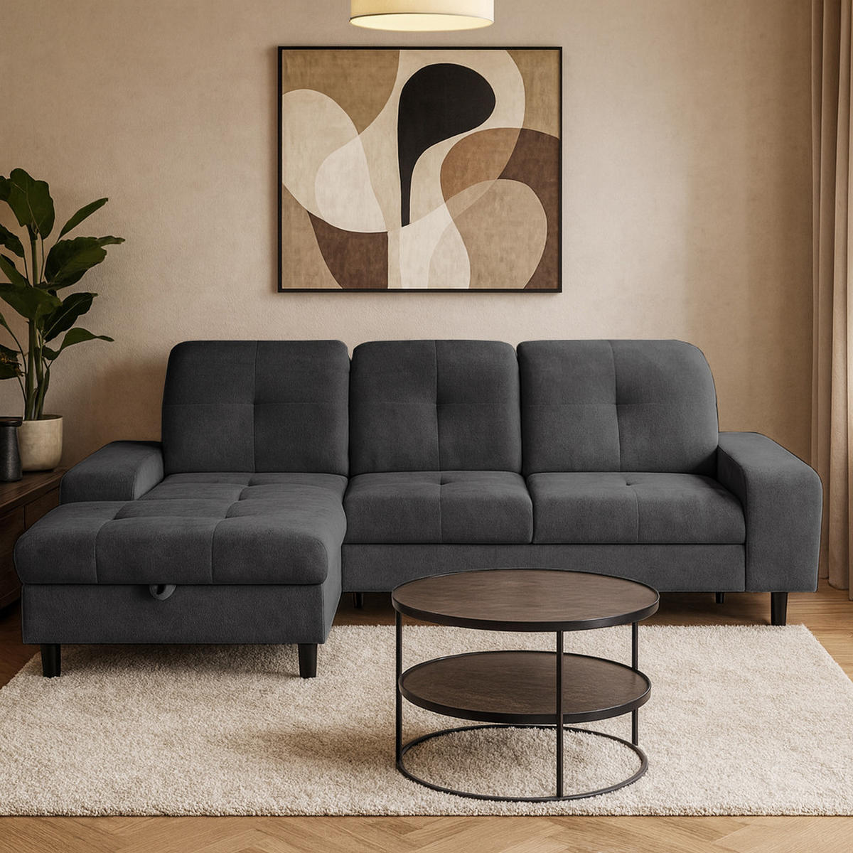 ECKSCHLAFSOFA Leon L Schwarz - Schwarz, Kunststoff/Textil (255/120cm) - Beautysofa