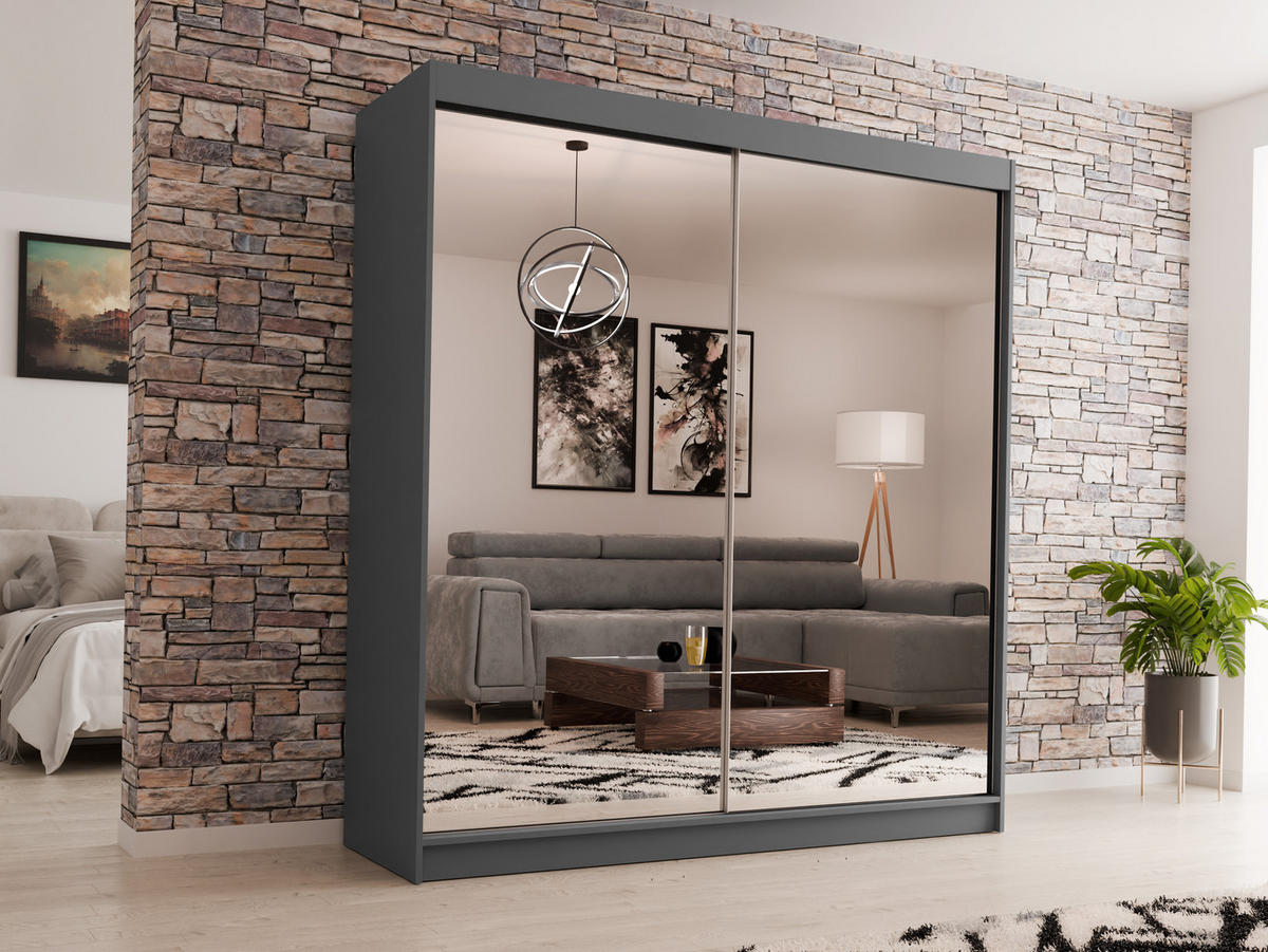 SCHWEBETÜRENSCHRANK Debra 200/216/61 graphit mit Spiegel - Graphitfarben, Holzwerkstoff (200/216/61cm) - Beautysofa