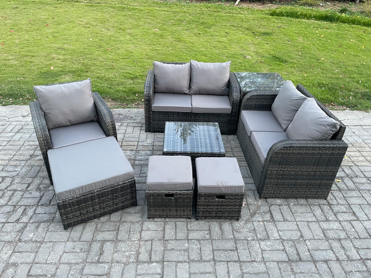 LOUNGEGARNITUR Polyrattan Dunkelgrau 8-Sitzer - Dunkelgrau, Metall - Fimous