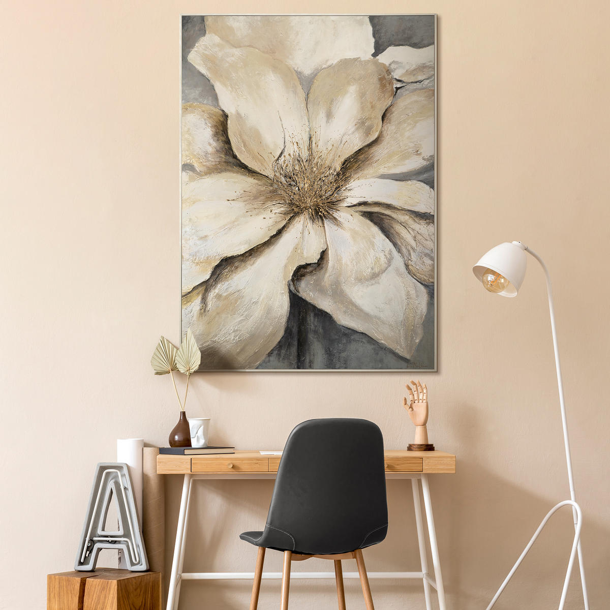 GEMÄLDE Goldene Blüte Schattenfugenrahmen Beige 140x100 cm - Beige, Holz (140/100cm) - YS-art gallery