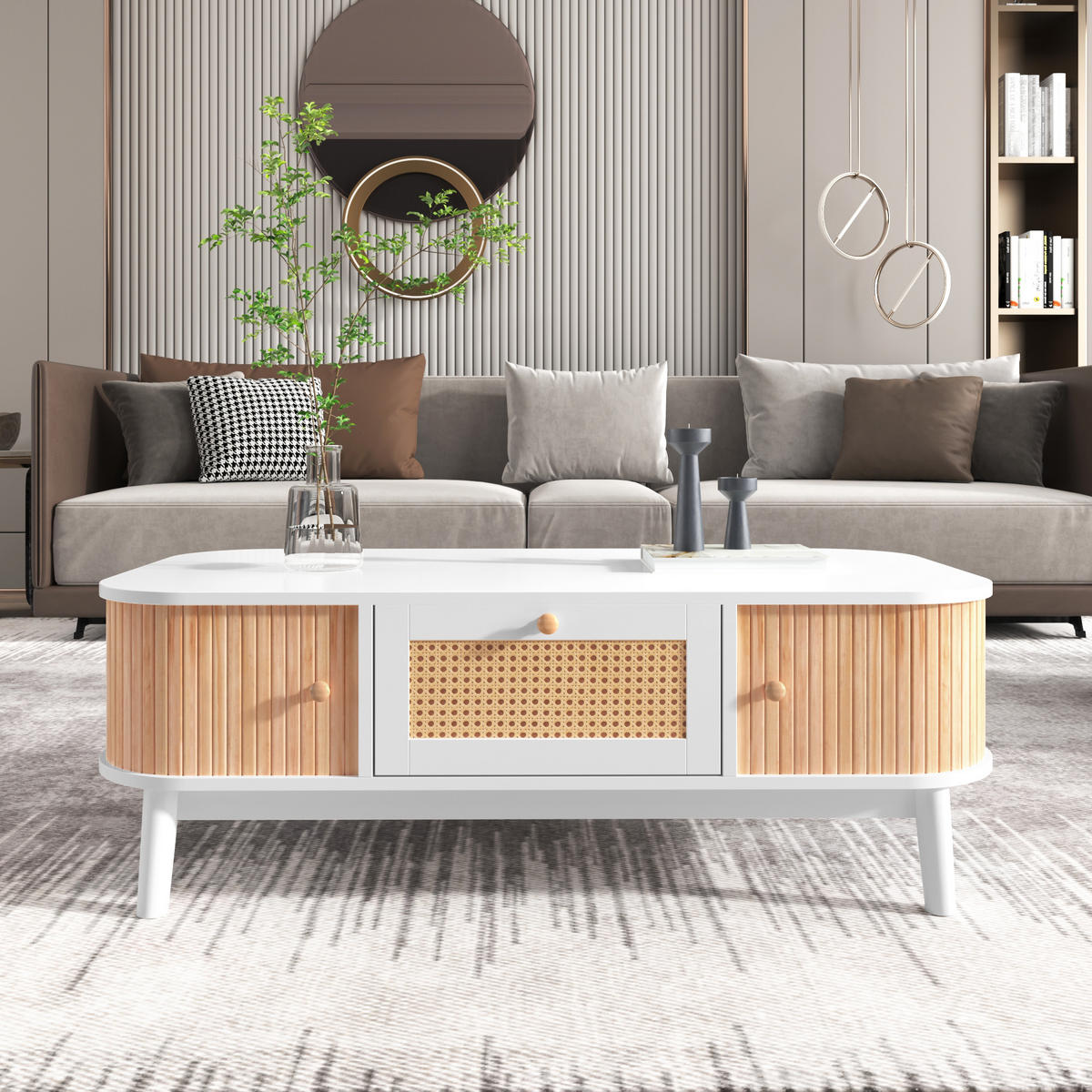 COUCHTISCH in Weiß und Naturfarben mit Schubladen und Schiebetüren für Wohnzimmer, B110/T55/H38,5 cm - Naturfarben/Weiß, Holzwerkstoff (55/110/38.5cm) - STILVORA