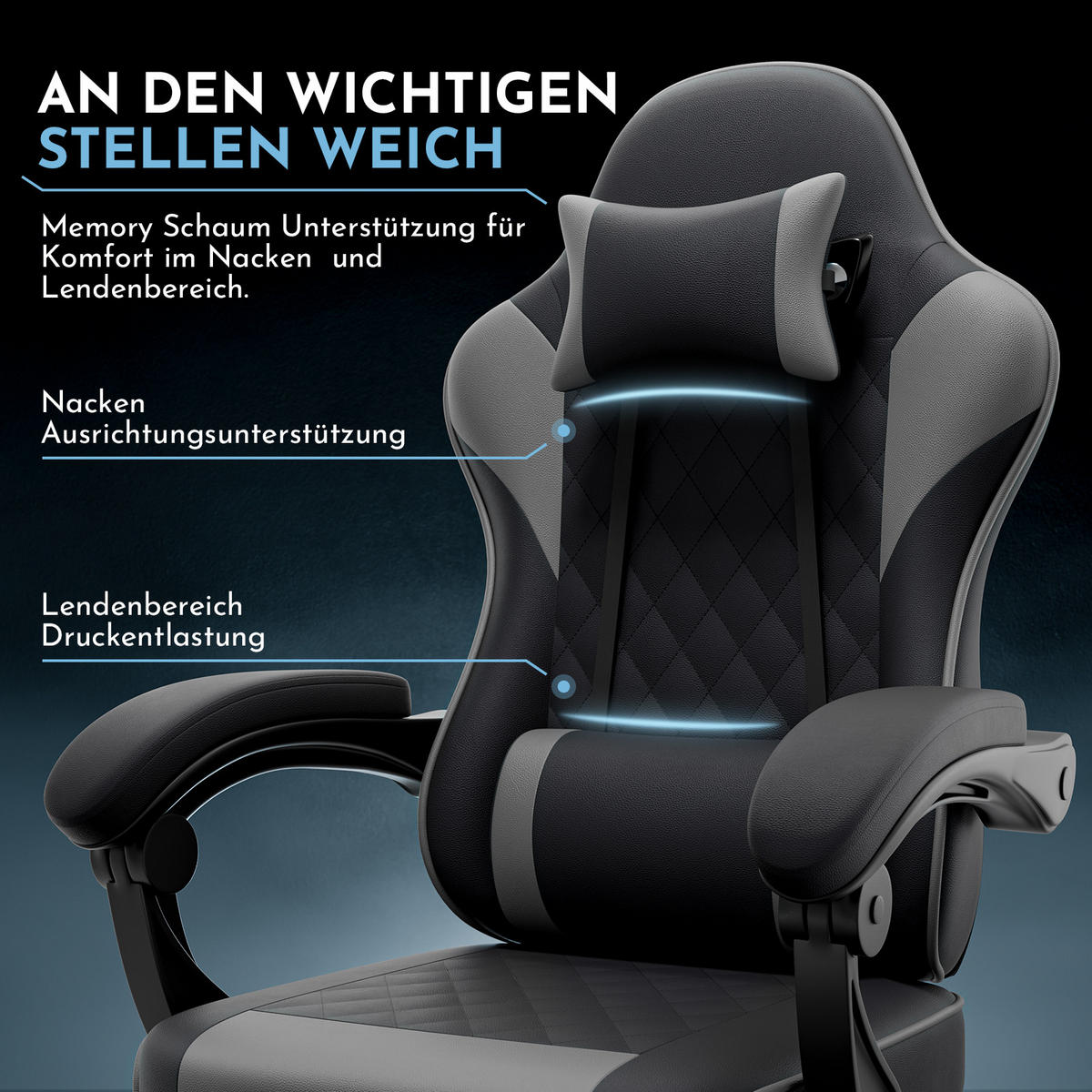 GAMINGSTUHL DE-40998 mit Lordosenstütze und Fußstütze Schwarz/Grau - Grau, Metall (58.5/120.5/63cm) - ComfortXL