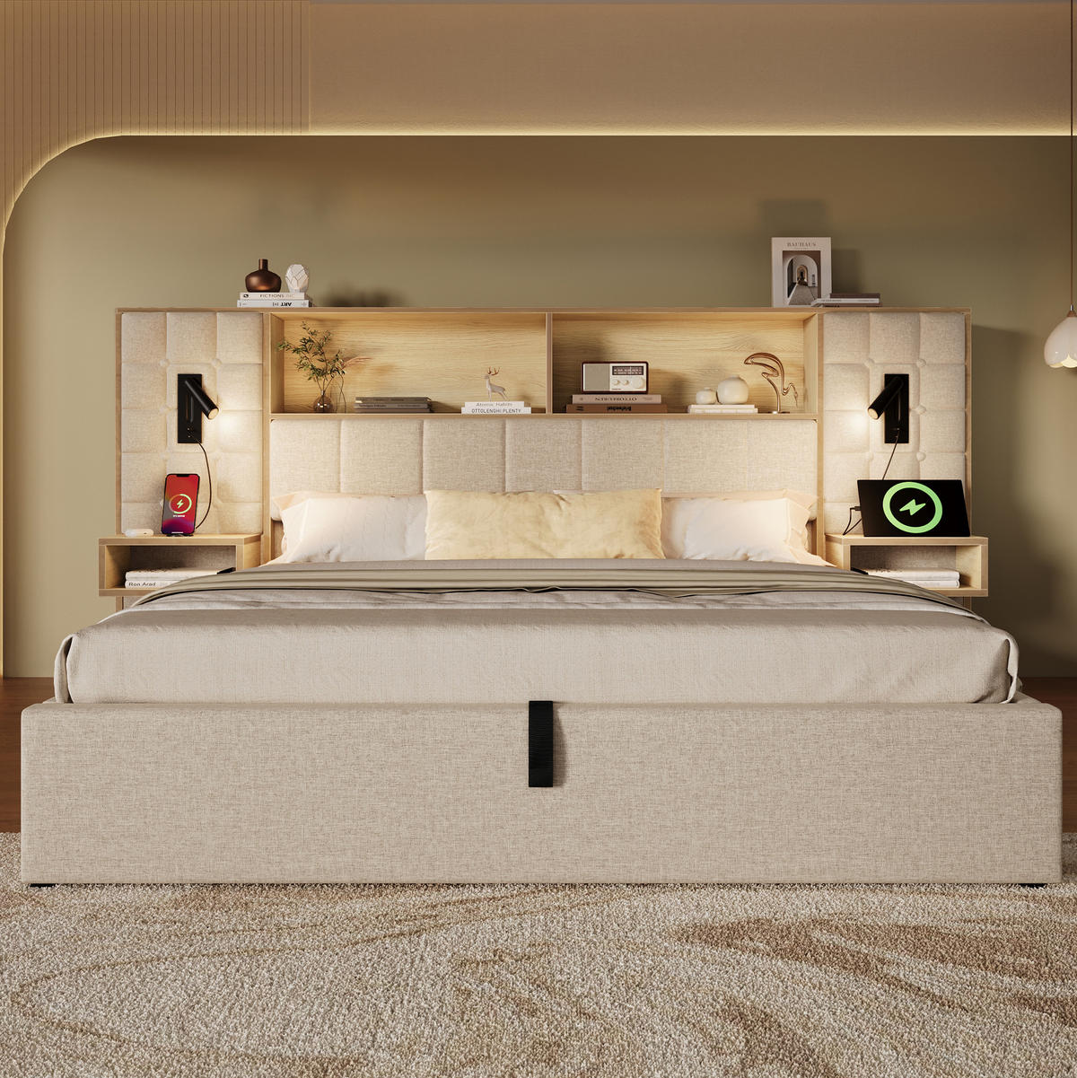 BETT mit Stauraum 160x200 cm Leinen Beige mit Nachttischen - Beige, Metall (160/200cm) - Meubliv