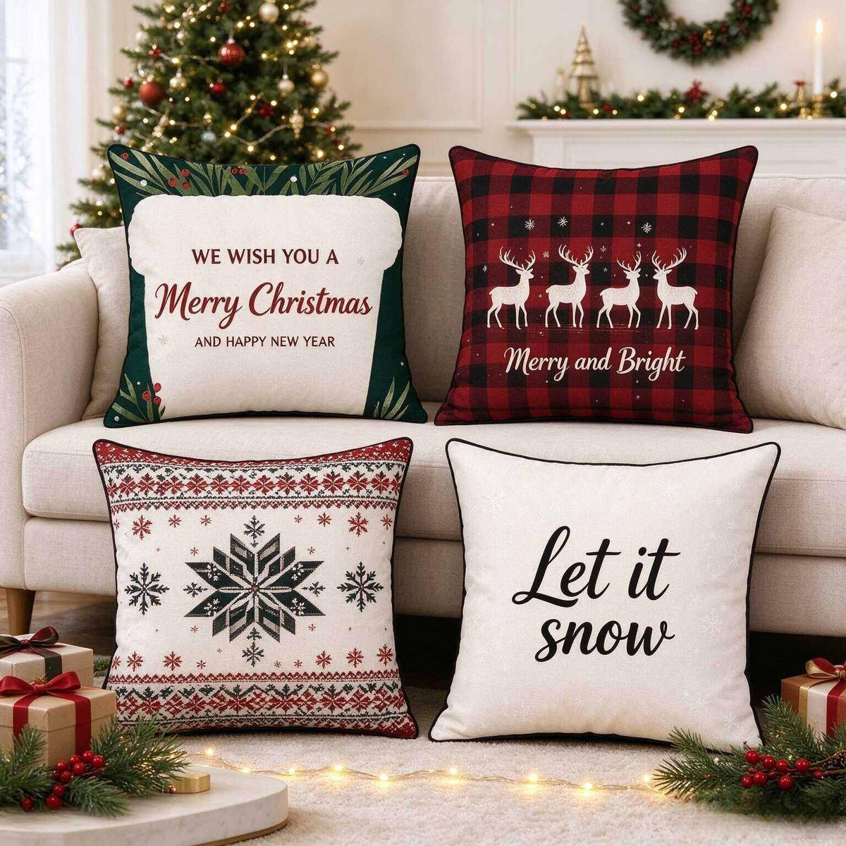 KISSENBEZUG – Weihnachtskissenbezug (Kissenfüllung nicht enthalten) – 45 x 45 cm – Multicolor(vier Stück) - Multicolor, Textil (45/45cm)