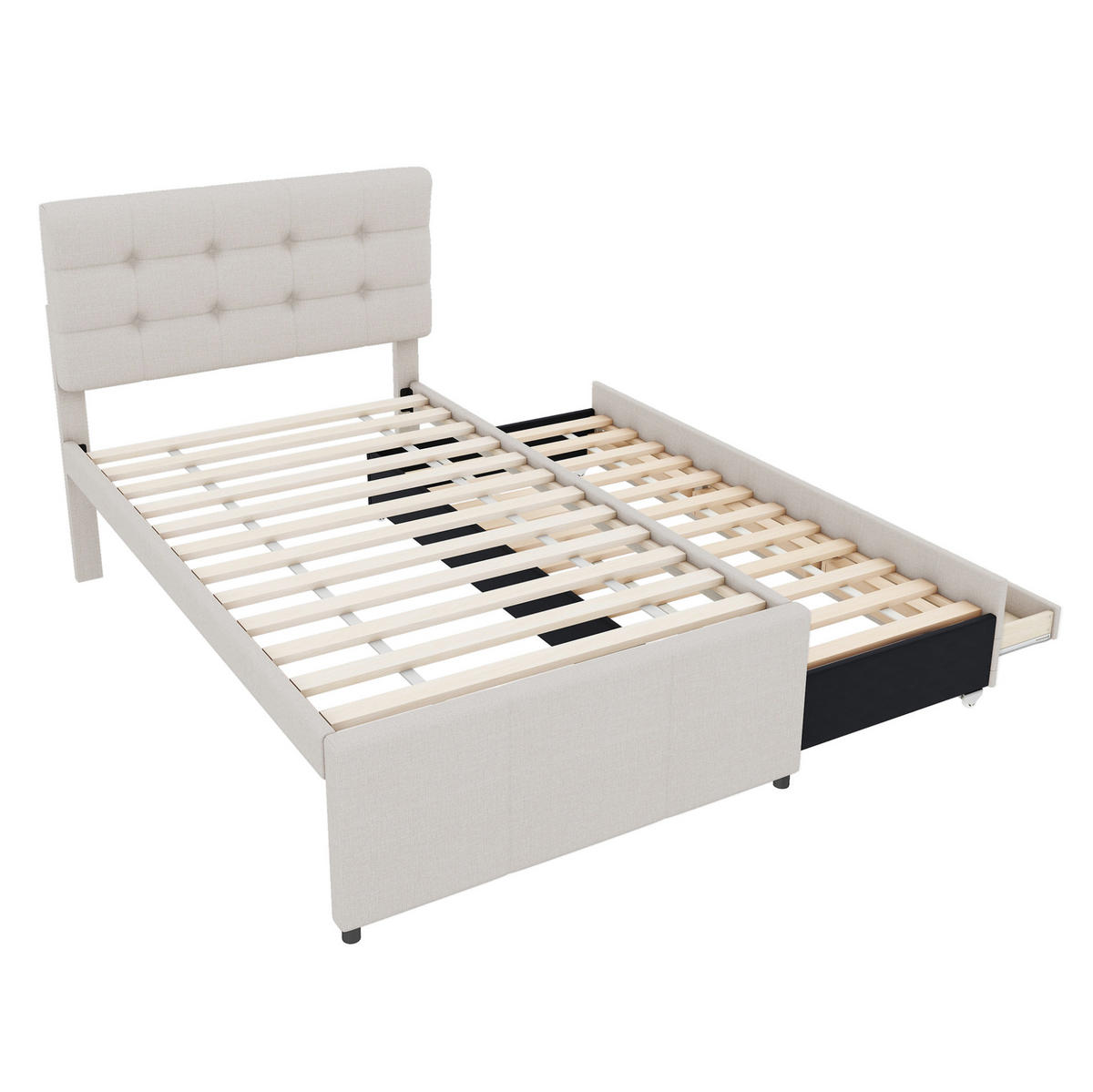BETT mit Ausziehbett und 3 Schubladen 90x200 cm Leinen Beige - Beige, Holz (90/200cm) - Meubliv
