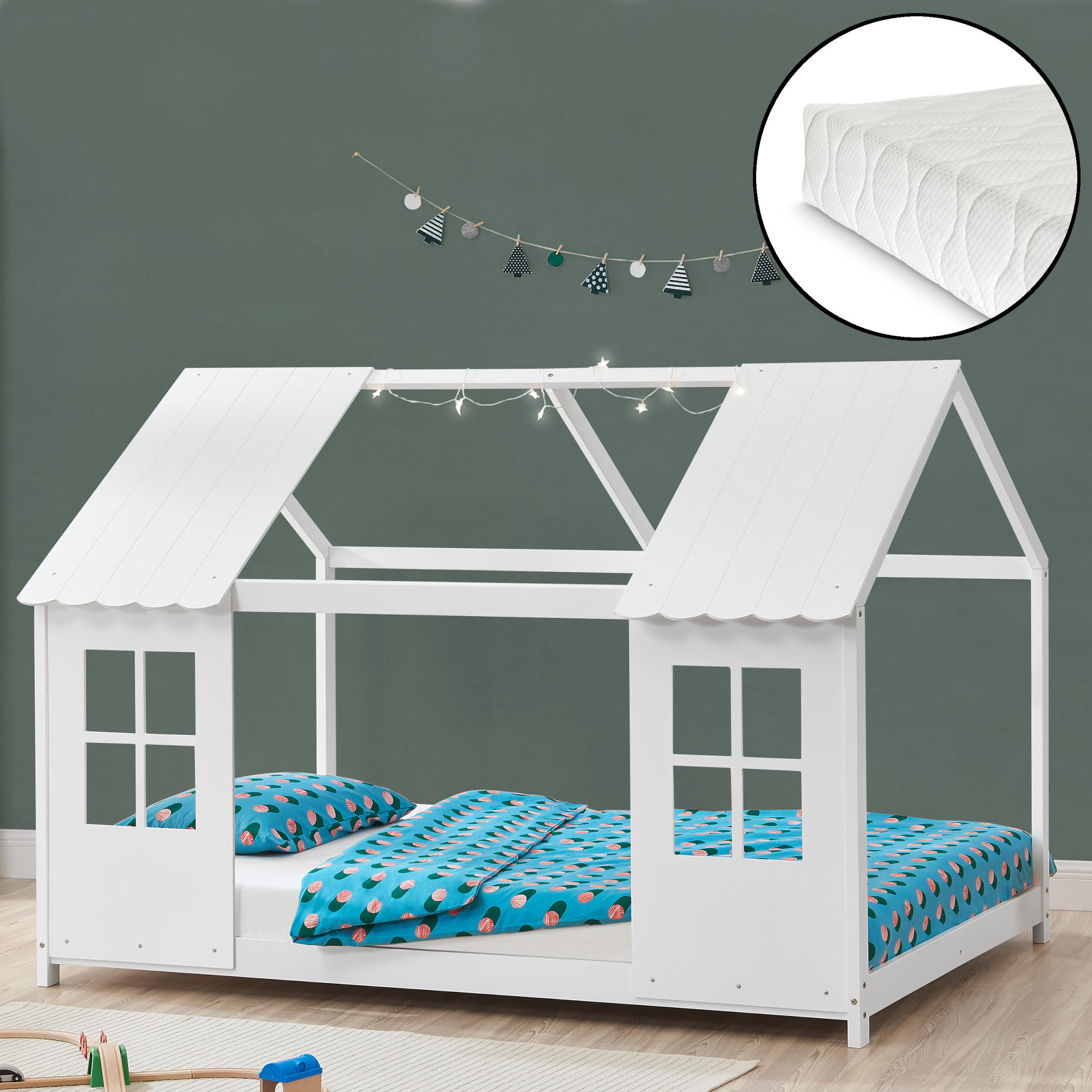 HAUSBETT Tostedt mit Matratze - Weiß, Holz/Textil (90/200cm) - [en.casa]