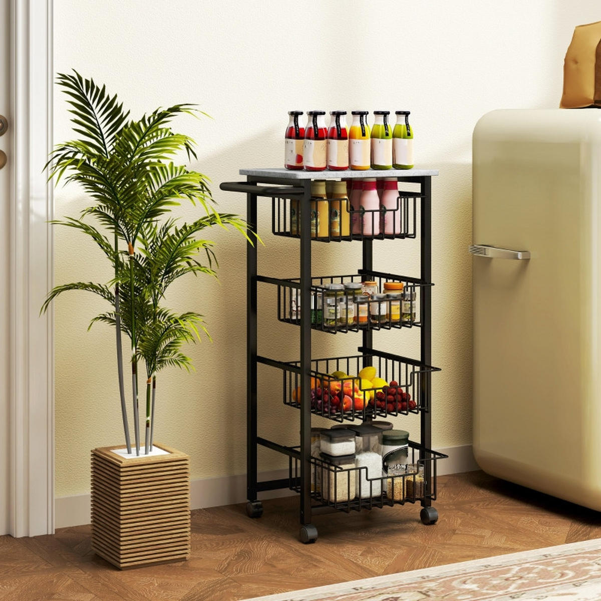 KÜCHENWAGEN Rollwagen 49,5x31x91cm Hellgrau mit 4 Körben & MDF-Platte - Hellgrau, Holz (49.5/91/31cm) - Modfu