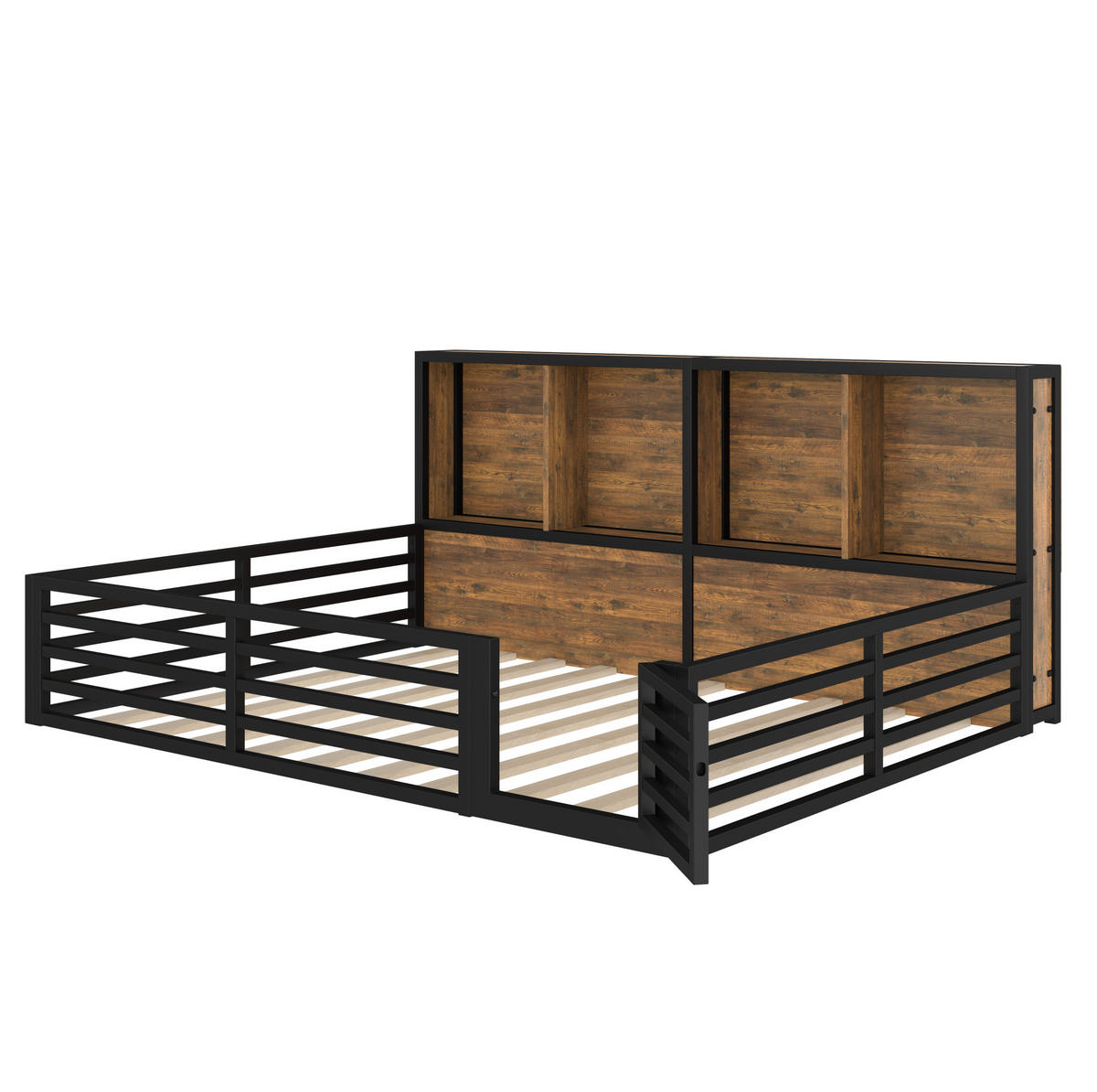 KINDERBETT 140/200 cm aus Metall und MDF mit Stauraum, Lattenrost und LED - Schwarz, Holzwerkstoff (140/200cm) - BEAOK