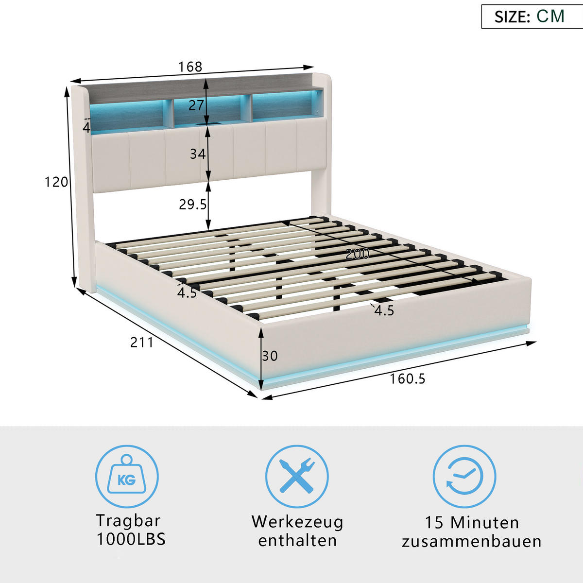 POLSTERBETT 160x200 cm, Weiß, LED-Beleuchtung und USB, Samt - Weiß, Textil/Metall (160/200cm)