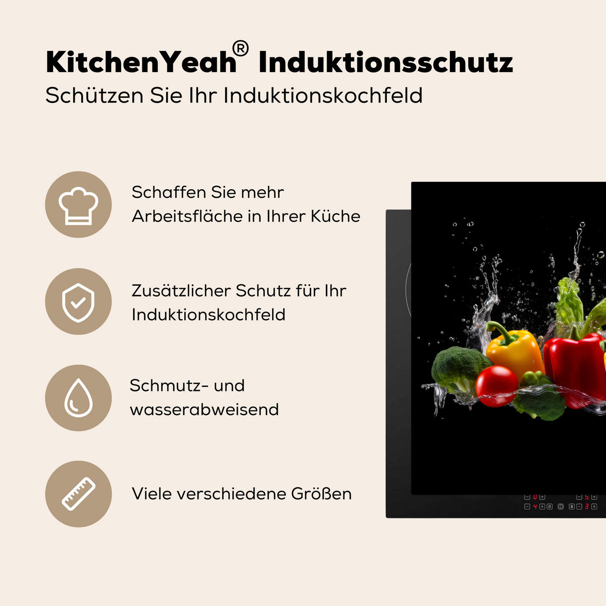 HERDABDECKPLATTE Paprika - Wasser - Gemüse - Schwarz Herdabdeckung Induktionsfeld 75x52 cm - Multicolor, Kunststoff (75/52/0.2cm) - MuchoWow