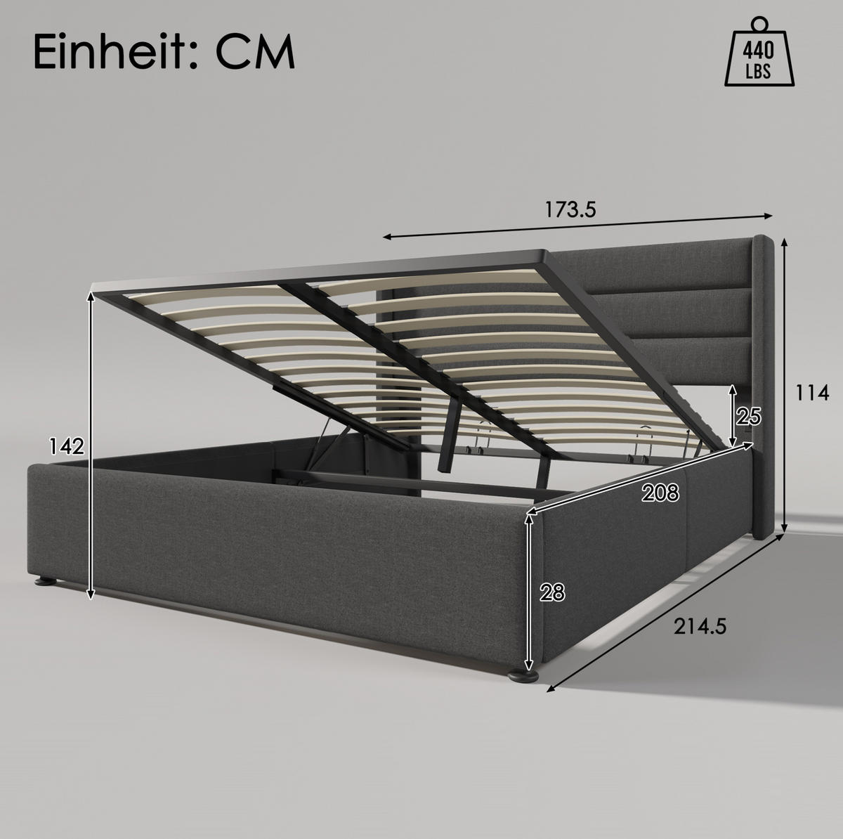 POLSTERBETT aus Leinen 160x200 cm Grau mit hydraulischem Bettkasten und Lattenrost - Grau, Textil (160/200cm) - IVMEU