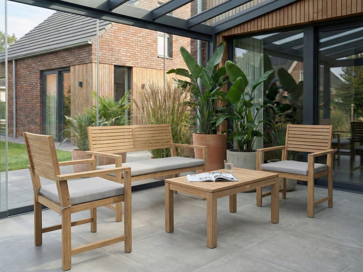 LOUNGE SADA se stolem 4-místná certifikovaná Akáciové dřevo Šedá Fiames - tmavě šedá/hnědá, dřevo - Beliani