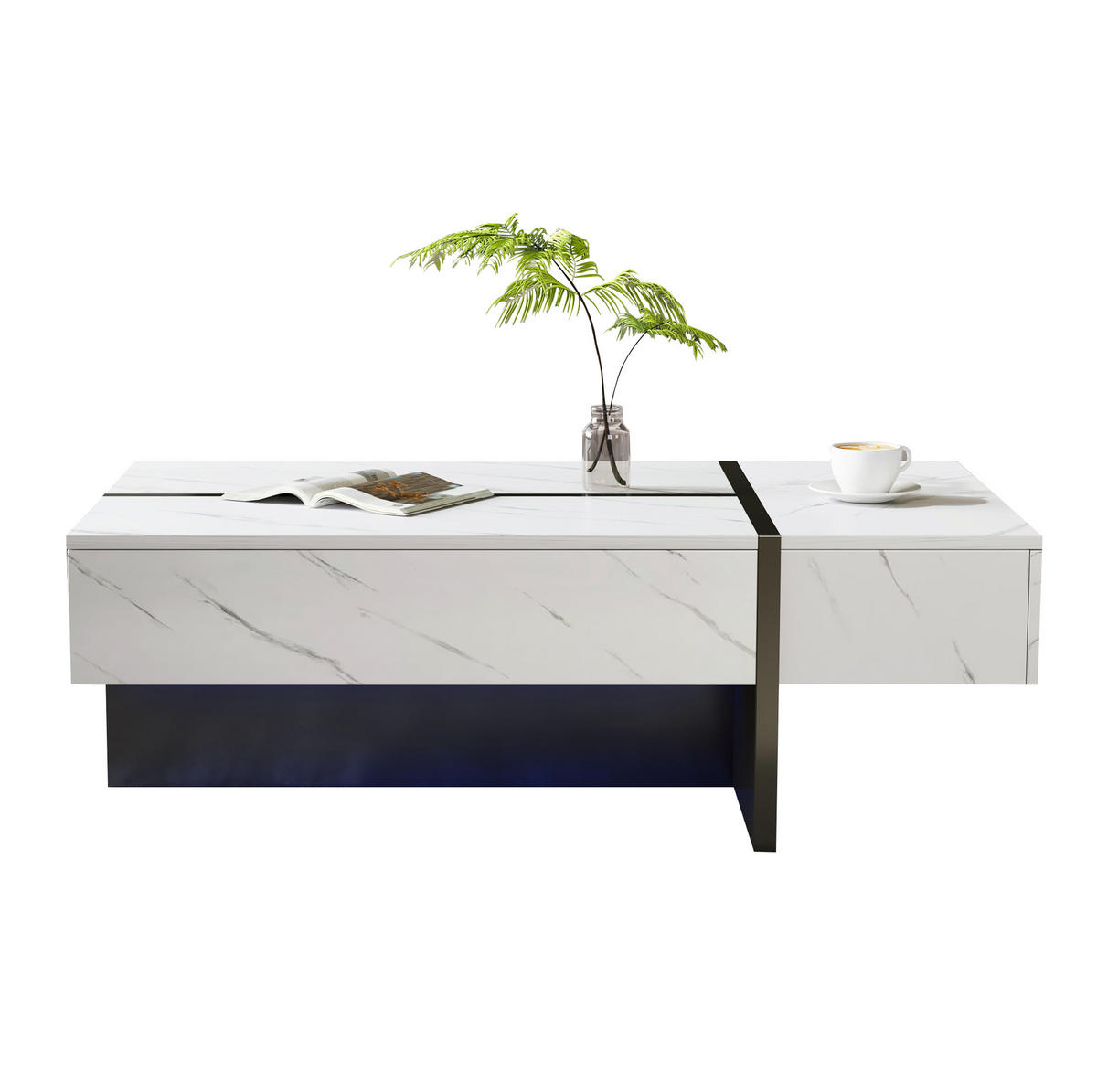 KONFERENČNÝ stolík 105/60/35 cm s 3 zásuvkami, LED osvetlením a vysokolesklou doskou s mramorovým dekorom, Biela - biela, kompozitné drevo (105/60/35cm) - Redom