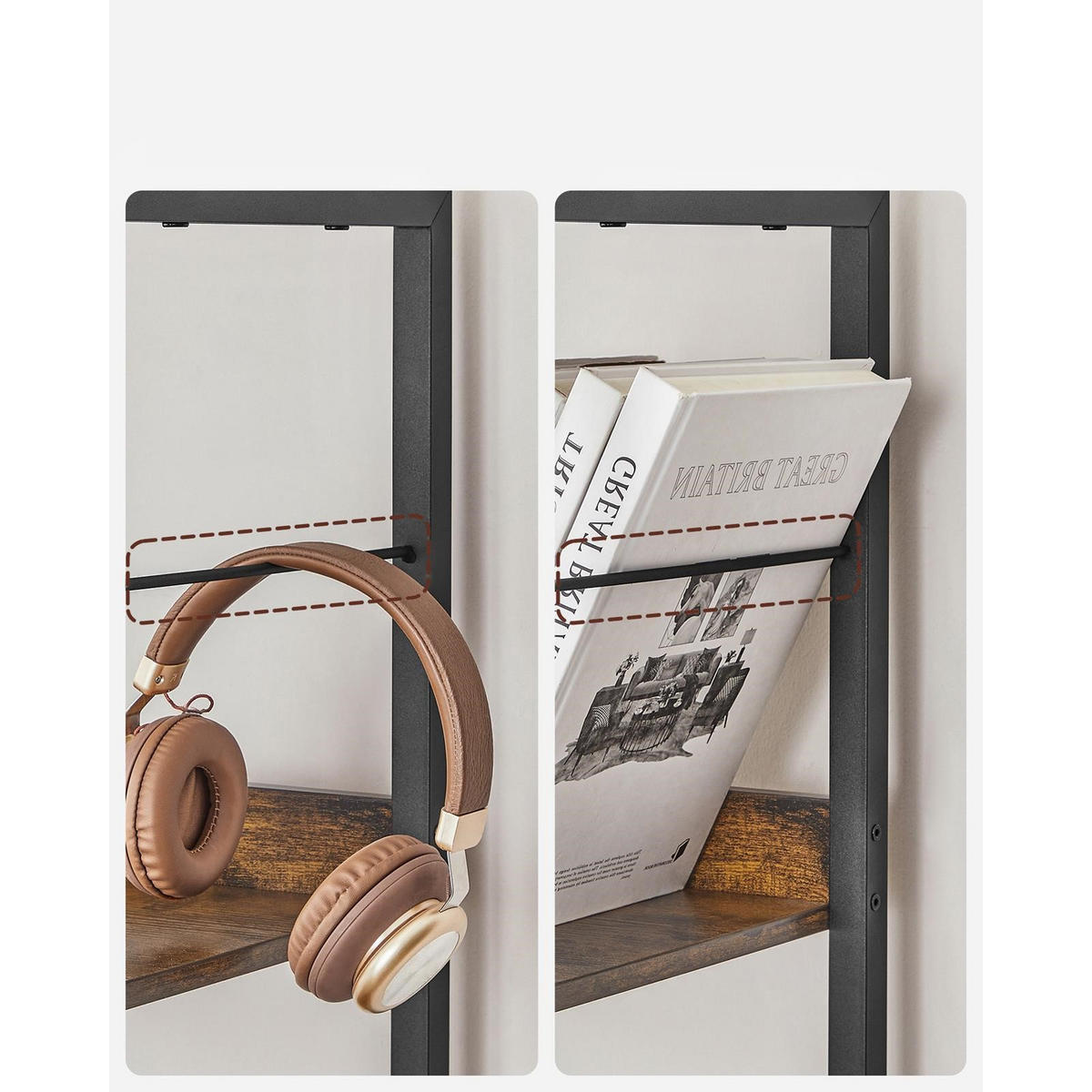 STANDREGAL Holzoptik Metall Dunkelbraun Schwarz 6 Ebenen 178×60×30 cm - Dunkelbraun/Schwarz, Holzwerkstoff/Metall (60/178/30cm) - Begryf