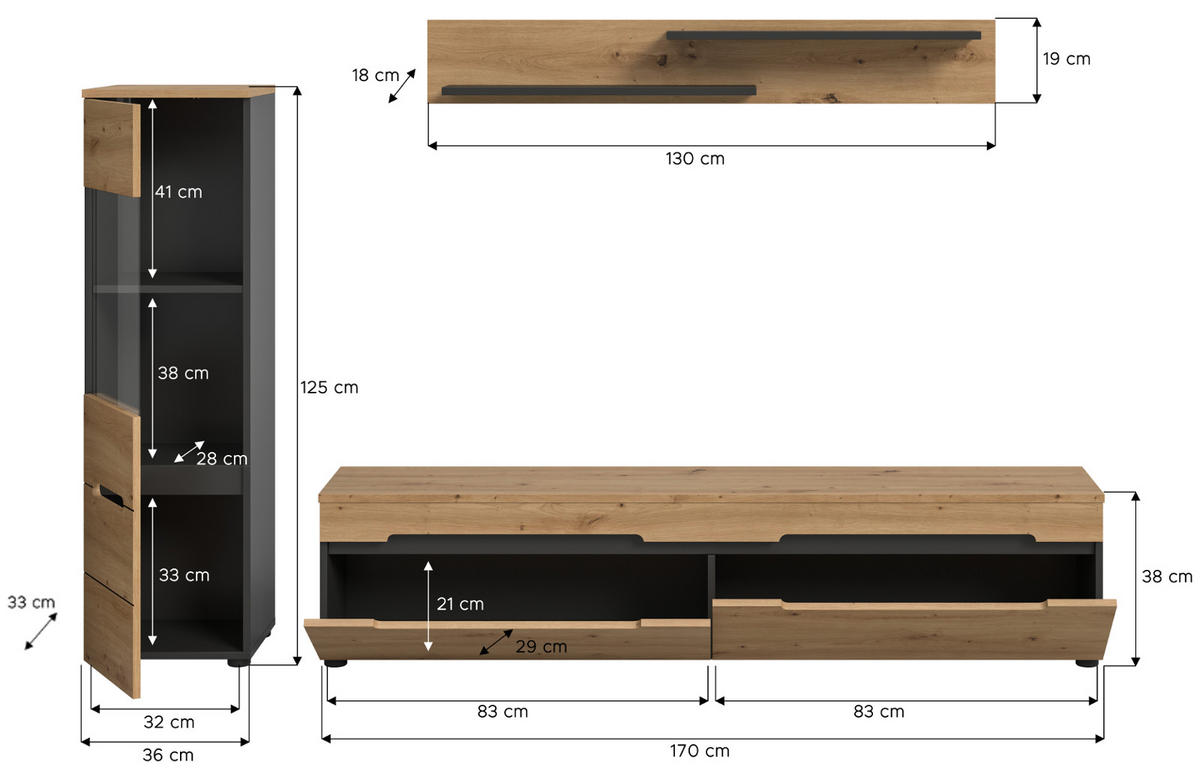 WOHNWAND Eiche Artisan, grau, Kombination 3-teilig 220 cm hängend oder stehend, Soft-Close, Cooper - Schwarz/Eiche Artisan, Glas/Holzwerkstoff (221/141/33cm) - Inn.Furn