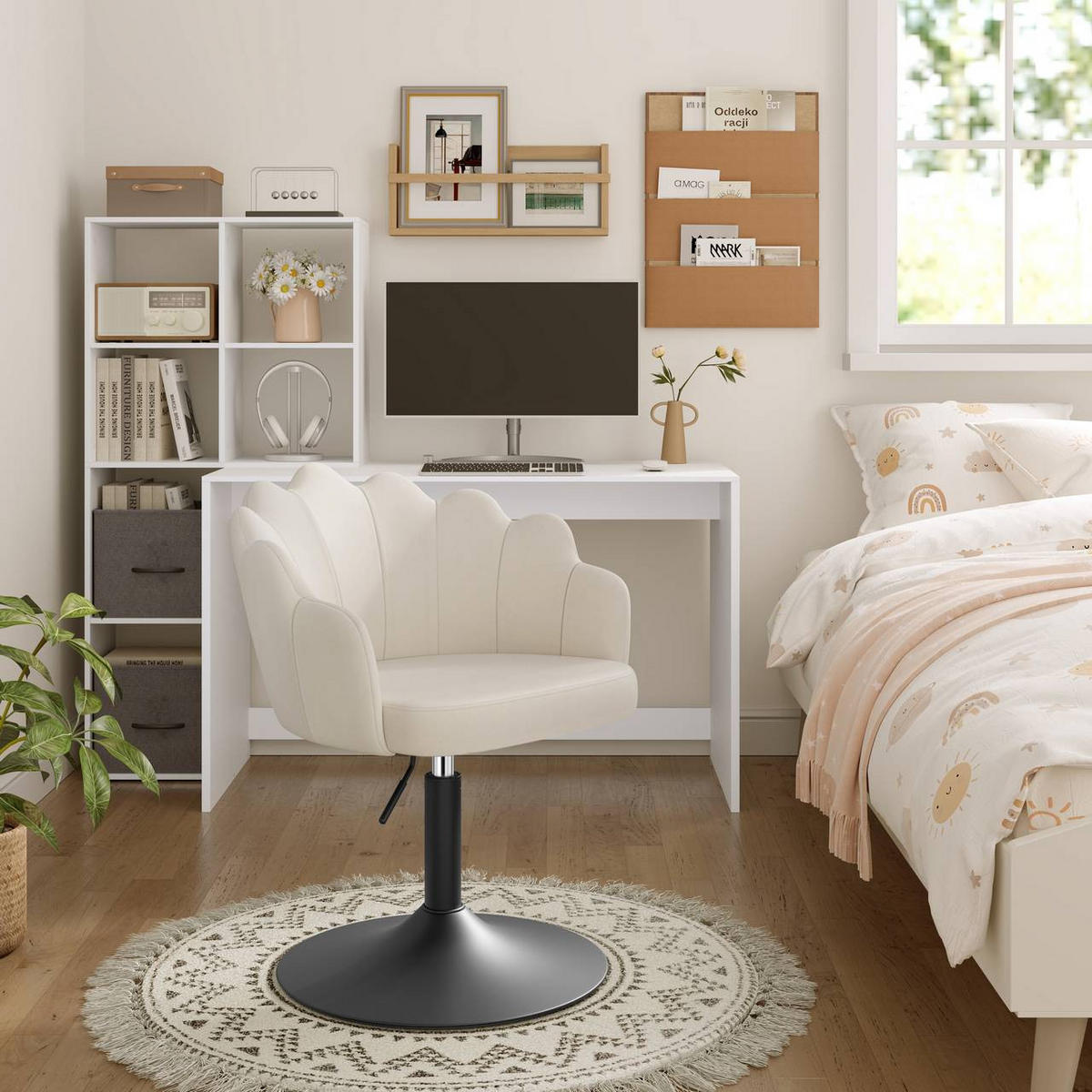 DREHSTUHL, Blumenform, Smt, Schminkstuhl, Creme - Creme/Schwarz, Textil/Metall (55/67/50cm) - Woltu