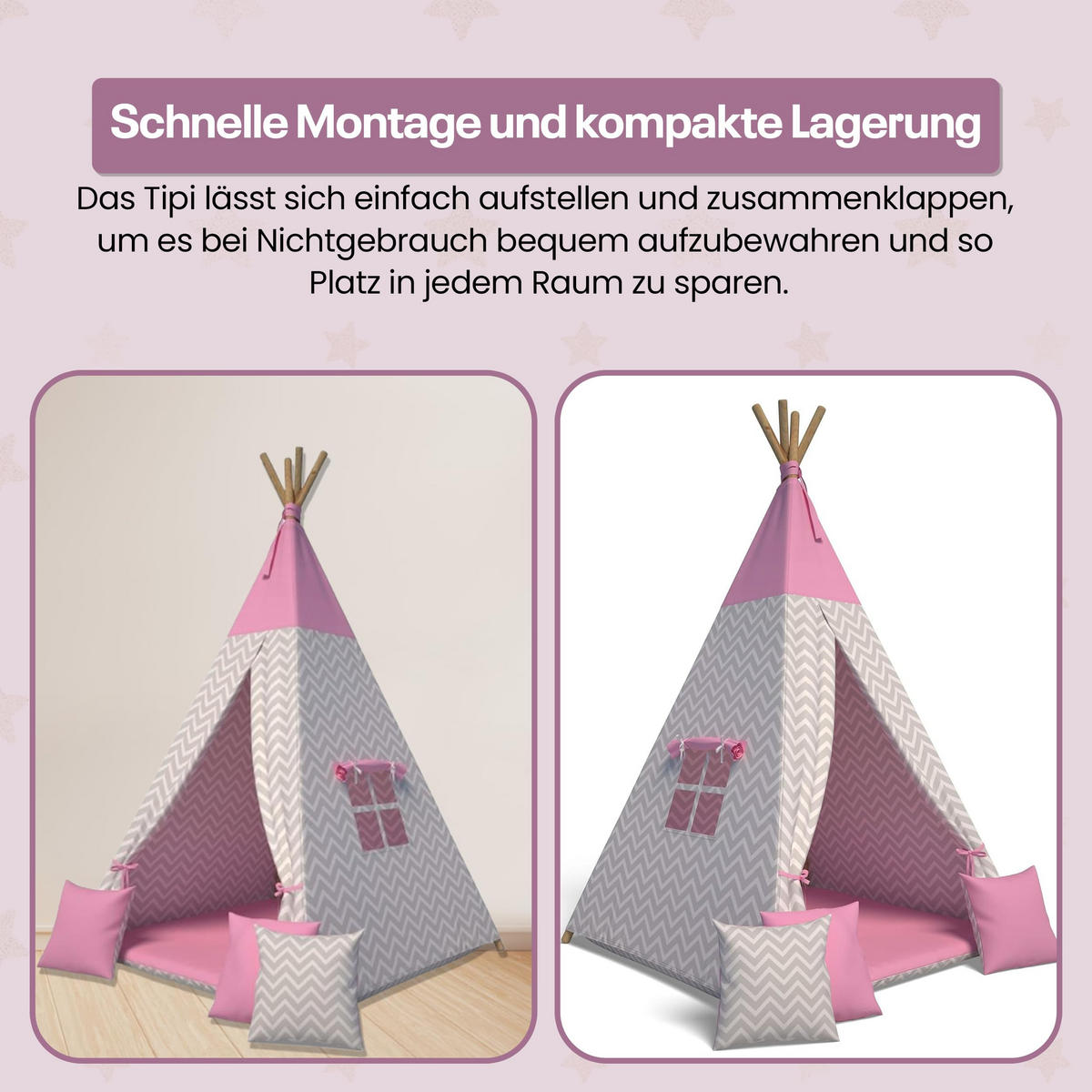TIPI-ZELT 105 x 105 x 140 cm Zickzack rosa mit weichen Kissen | Spielzelt für Kinderzimmer Indoor - Pink, Textil (105/105cm) - Best for Kids