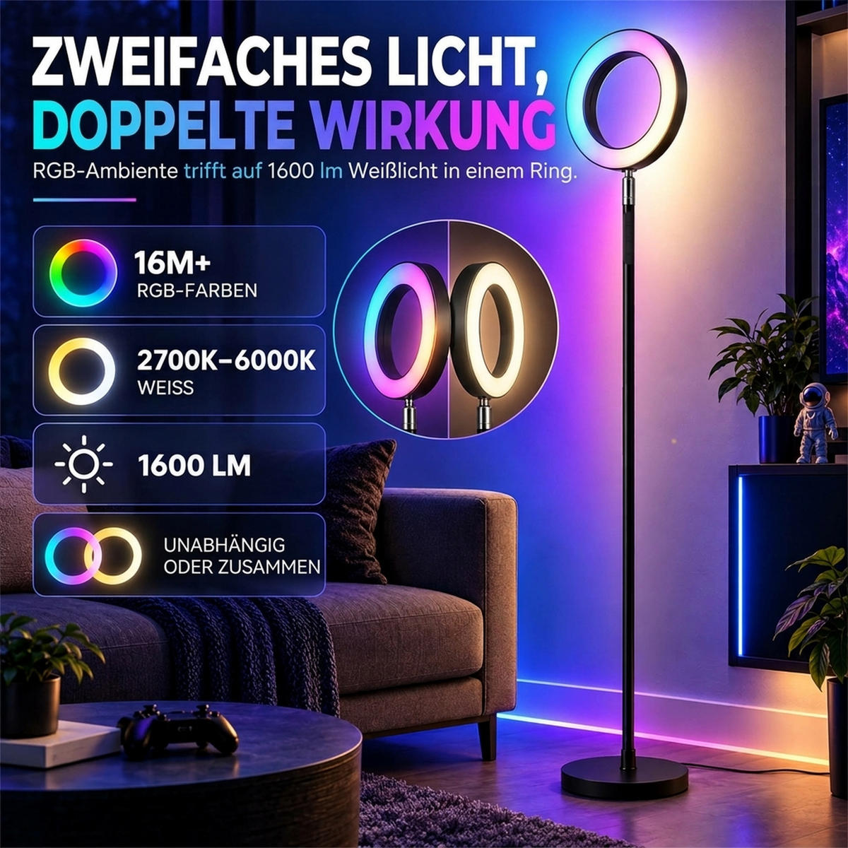 STEHLAMPE Stahl PC-Kunststoff Schwarz - Schwarz, Metall (25/25/172cm) - HOMCOM