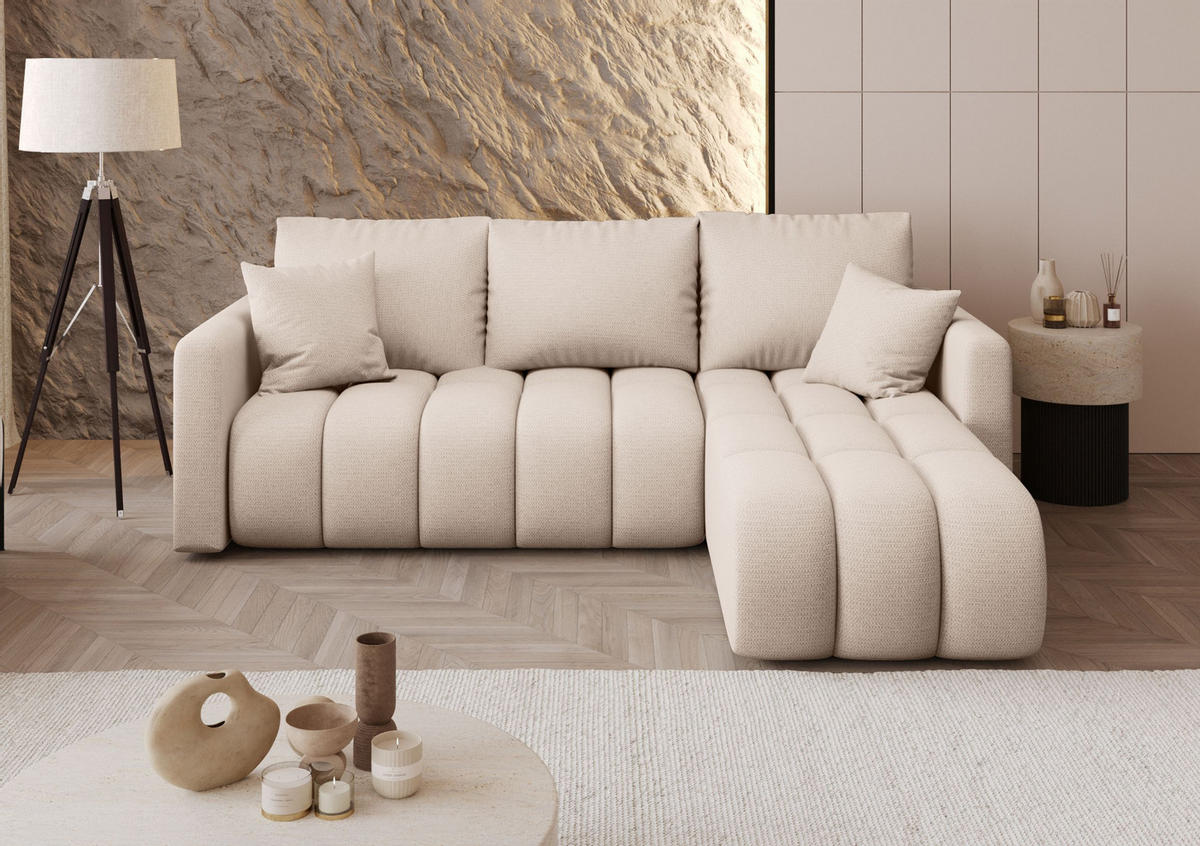 ROHOVÁ pohovka GARDA pravá světle béžová pletená tkanina Aragon 3 - funkce spaní, úložný prostor - krémová, textil (230/149cm) - Cornero