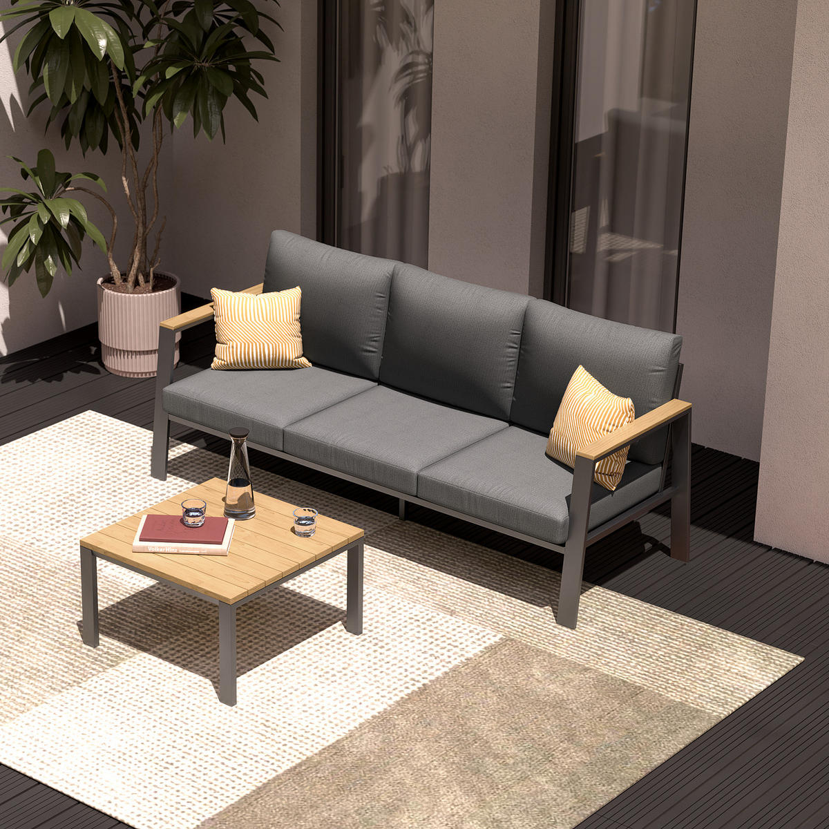 LOUNGESET - Eukalyptus massiv / Polyester - Braun / Anthrazit - 2-teilig - Braun/Grau, Holz/Textil - home24