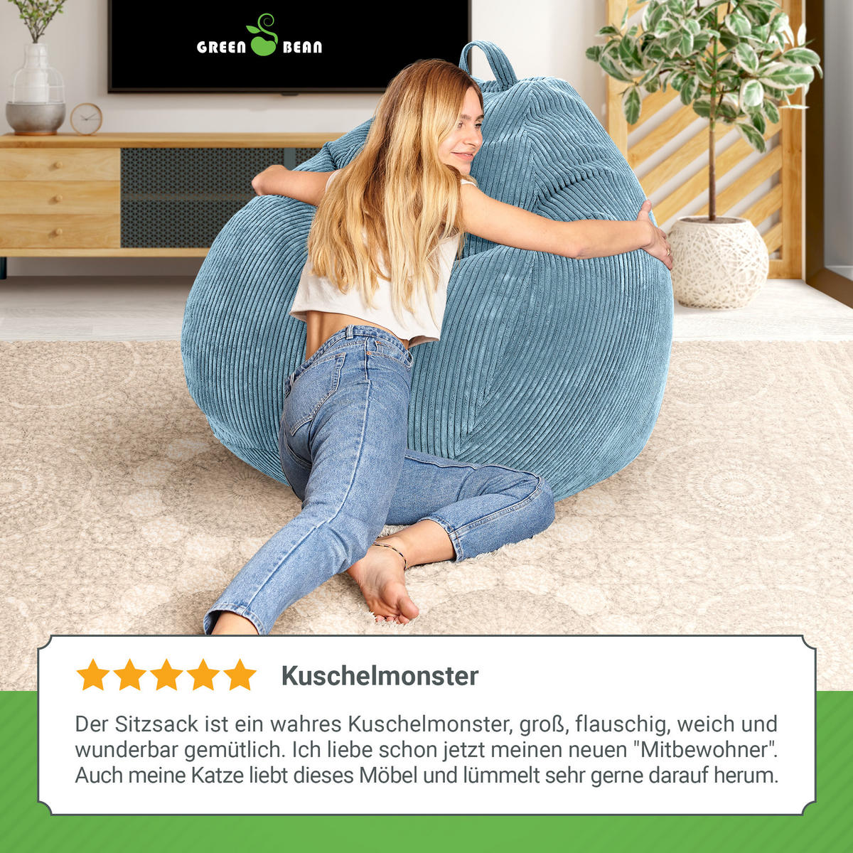 SITZSACK Indoor "Scoop" 90x110cm - Cord - Hellblau, Textil (90/110/90cm) - Green Bean