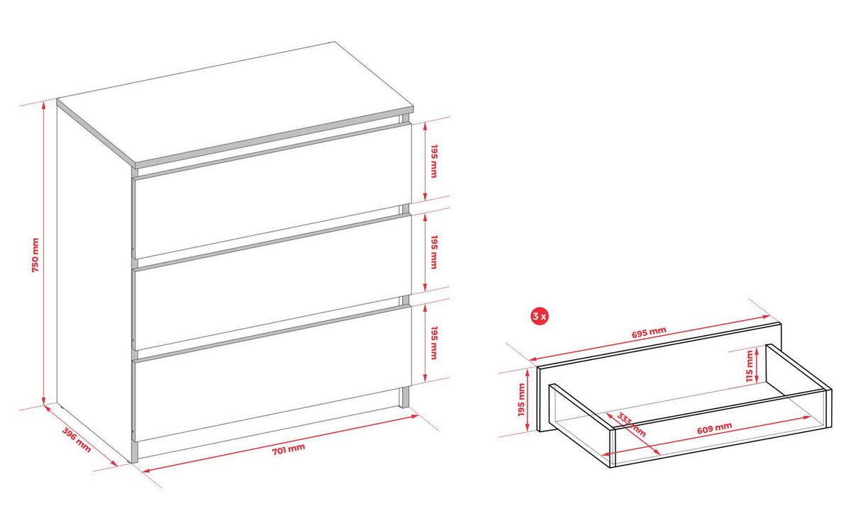 KOMMODE: 3 Schubladen Farbe: kaschmir, 70 x 40 x 75cm - Kaschmir, Holzwerkstoff (70/75/40cm) - 3XE LIVING