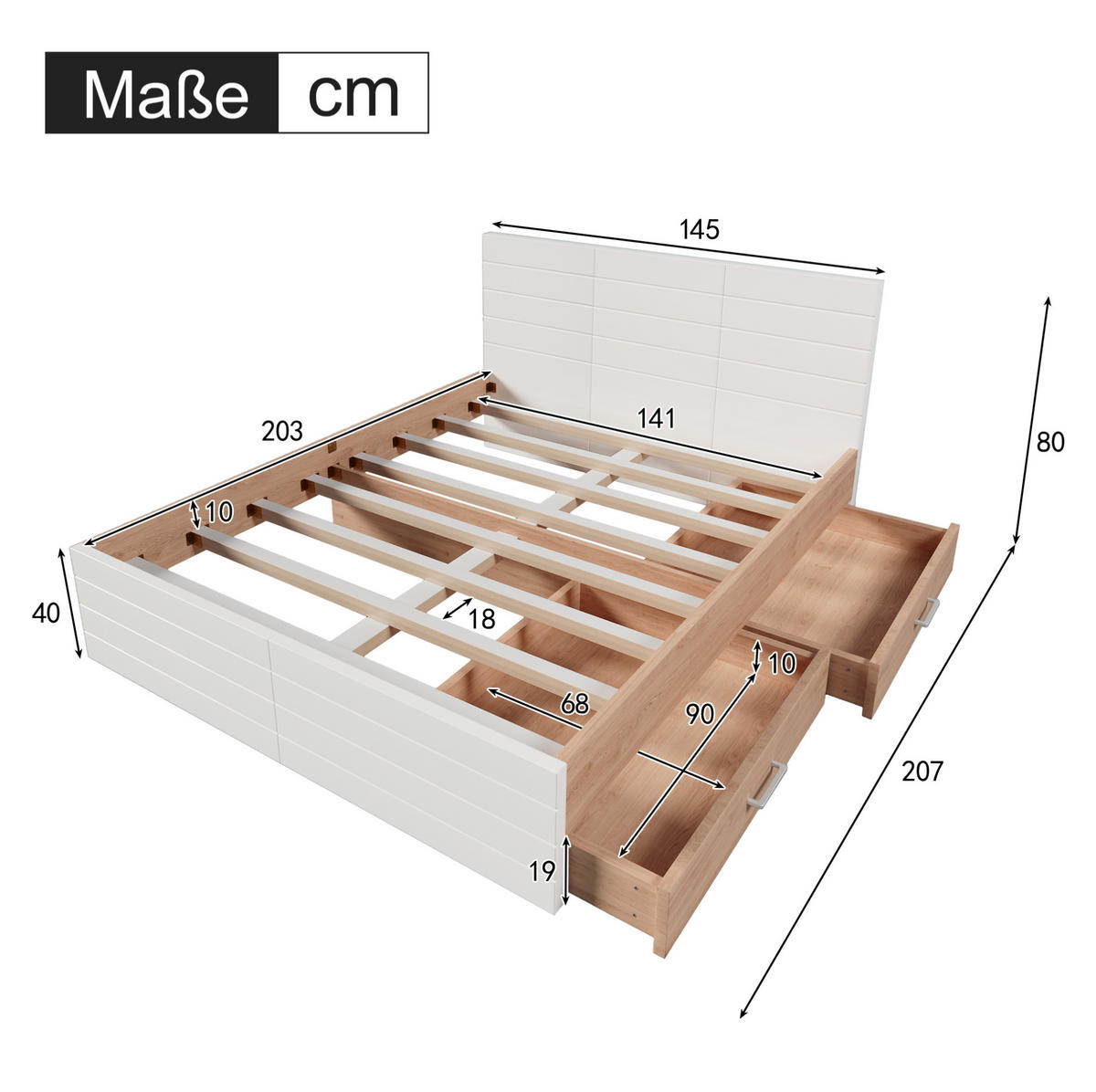 DOPPELBETT 140/200 cm mit 2 Schubladen, Lattenrost und flexiblem Stauraum, Weiß/Eiche - Weiß, Holzwerkstoff (140/200cm) - Redom