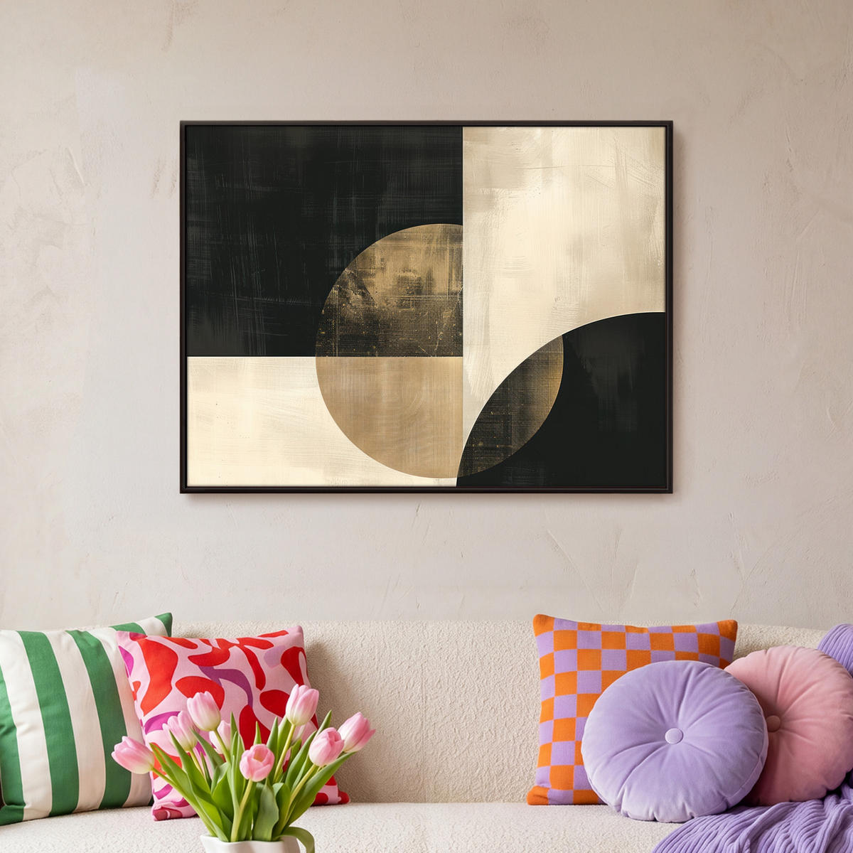 LEINWAND Bilder mit Rahmen - Abstrakt - Geometrische Formen - Schwarz - Gold - 70x50 - Ecru, Textil (70/50cm) - MuchoWow