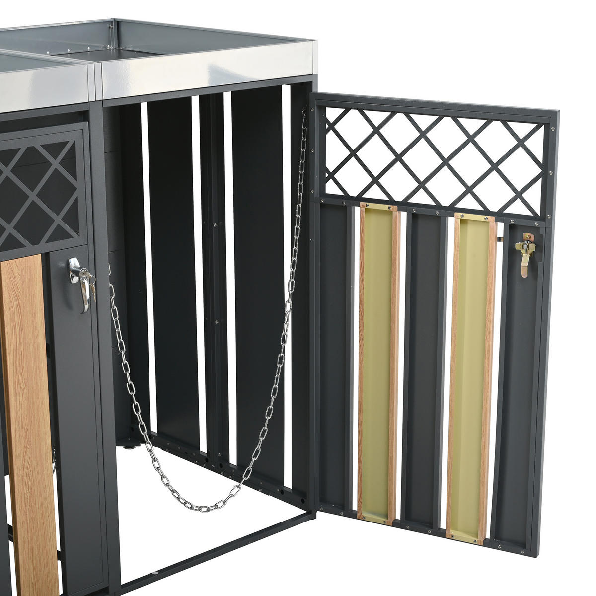 MÜLLTONNENBOX aus Stahl in Grau/Holzoptik mit Pflanzgefäß & Schloss - Grau, Metall (132/124.5/80cm) - Modfu